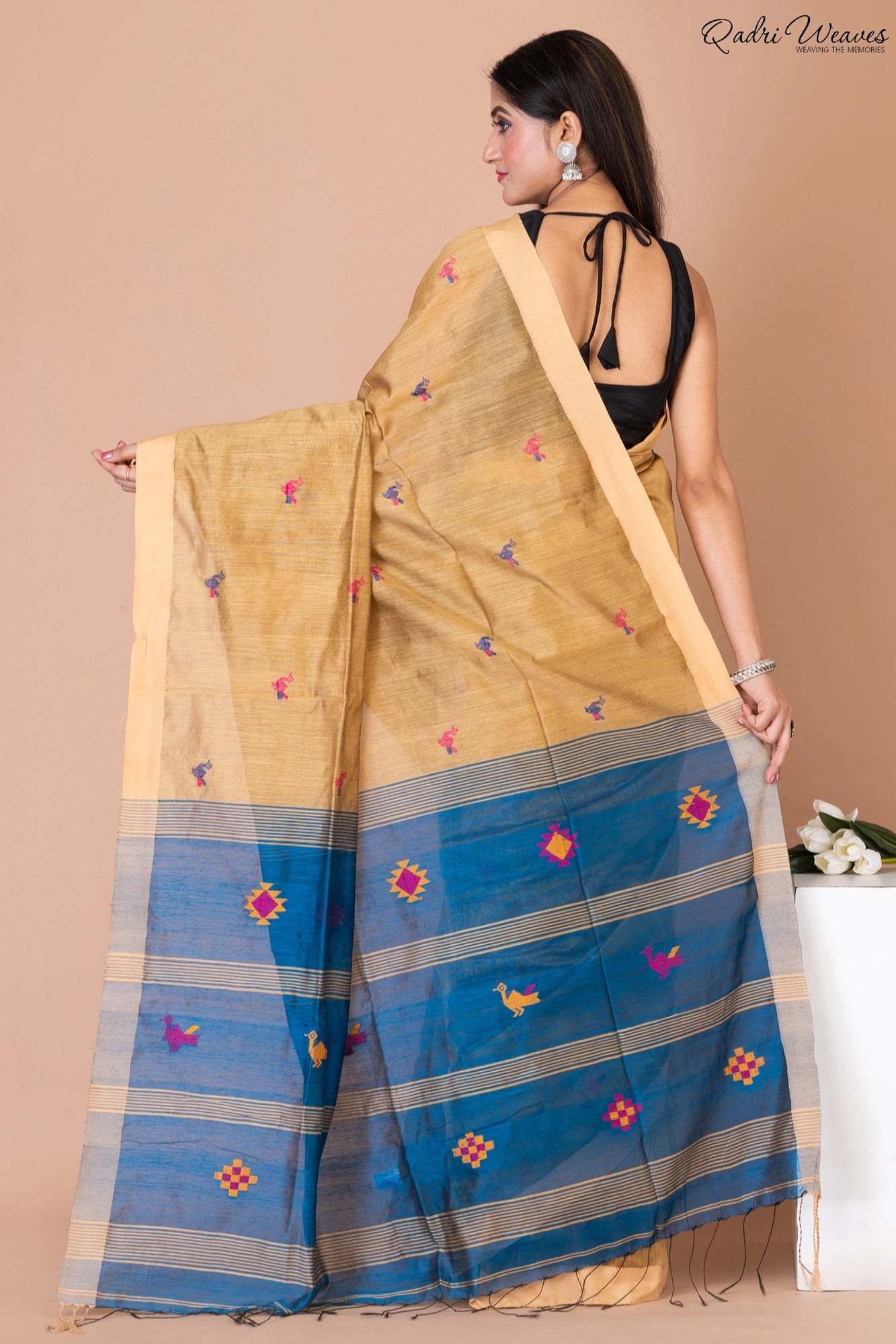 Handloom Golden & Blue Kota Silk x Acrylic Cotton Saree