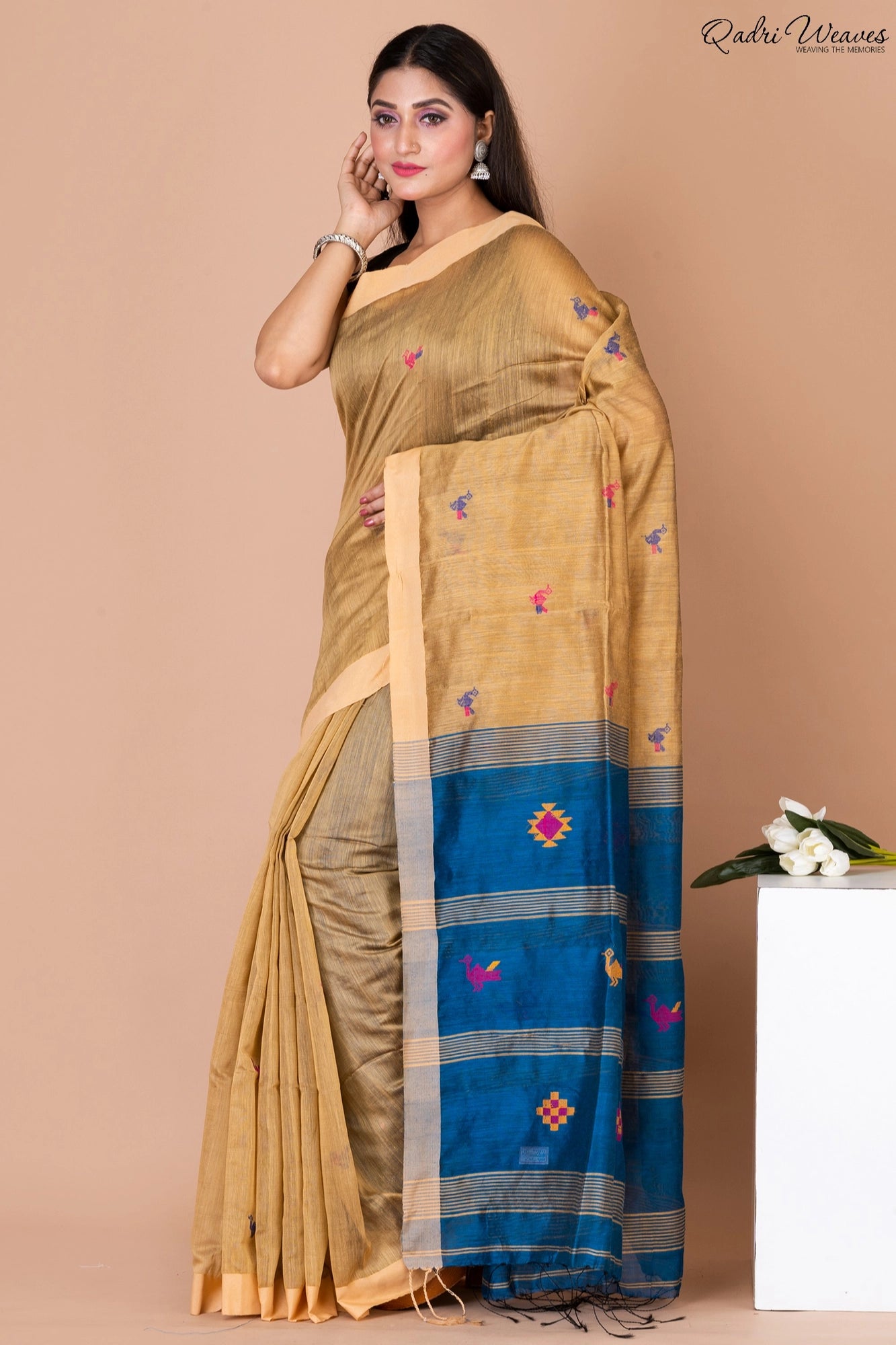 Handloom Golden & Blue Kota Silk x Acrylic Cotton Saree