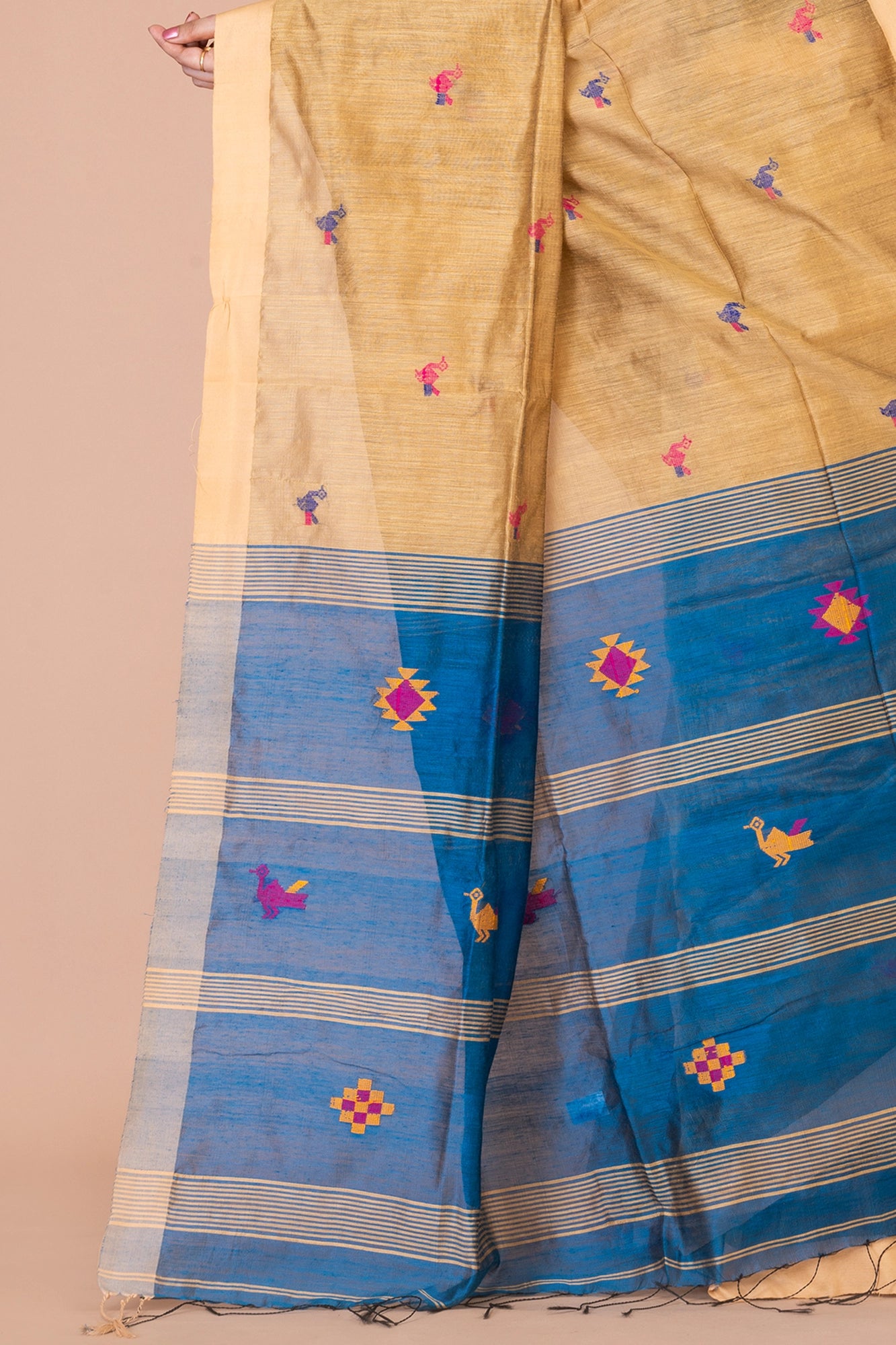 Handloom Golden & Blue Kota Silk x Acrylic Cotton Saree