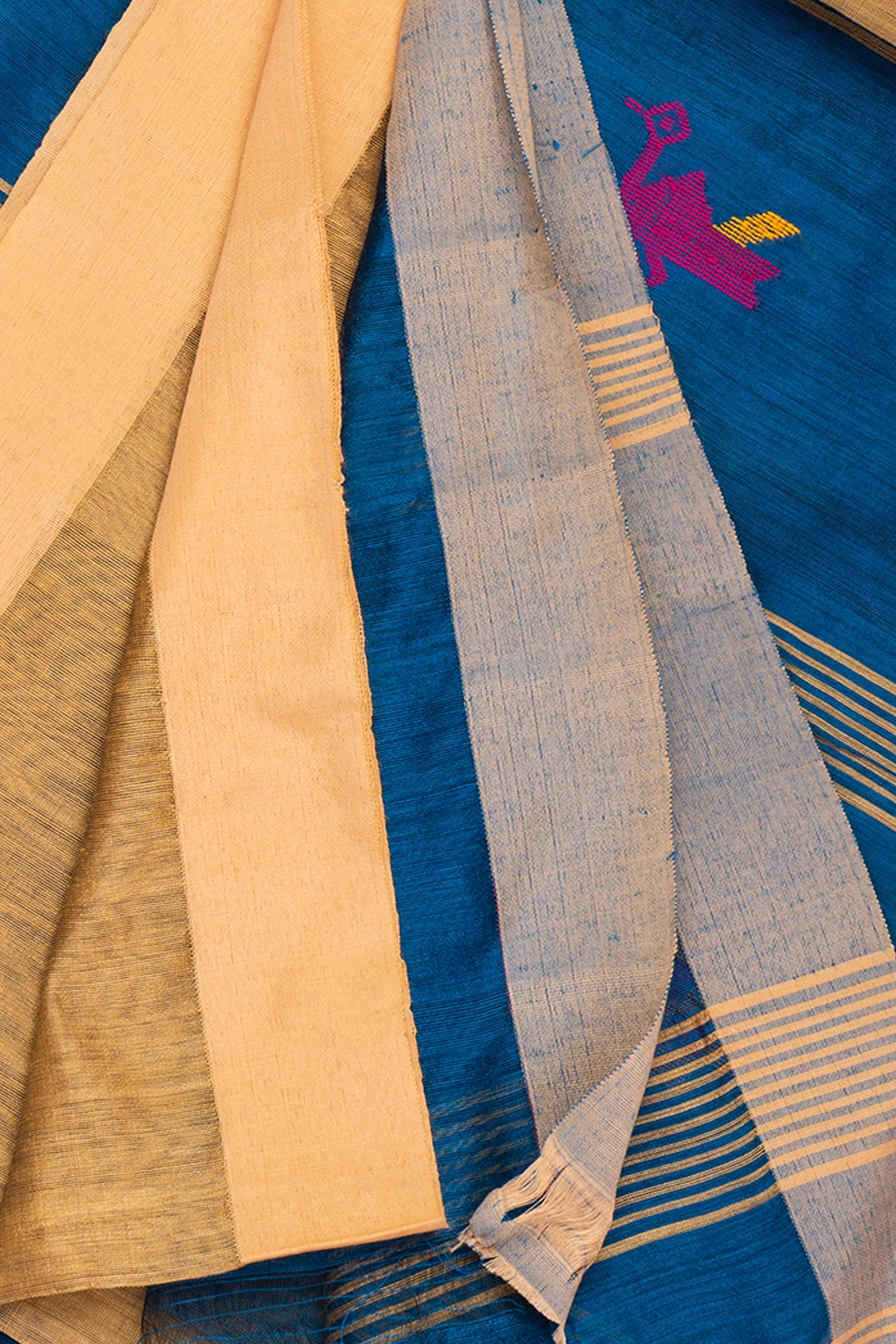 Handloom Golden & Blue Kota Silk x Acrylic Cotton Saree