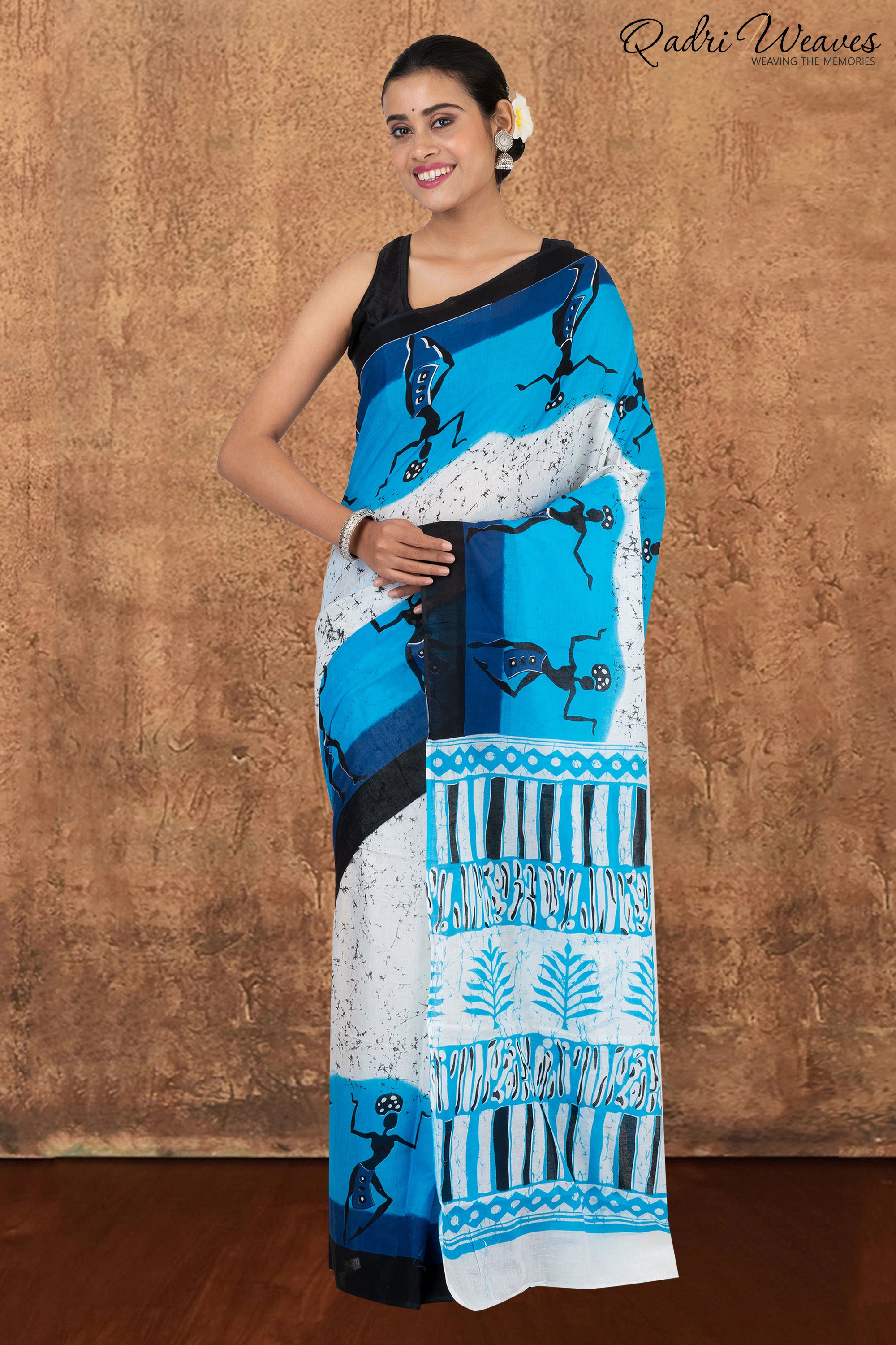 Printed White & Blue Pure Mulmul Cotton Saree