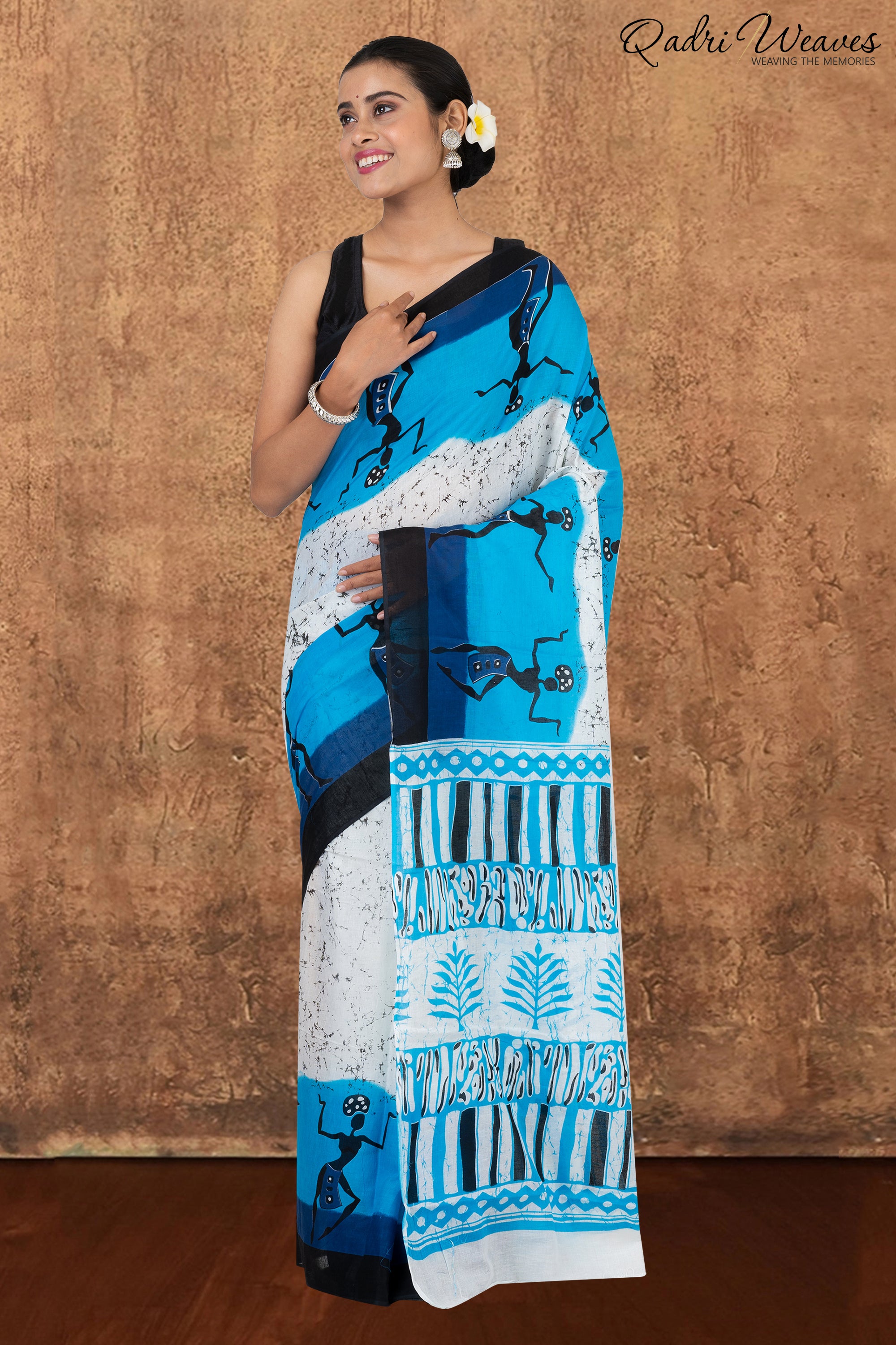 Printed White & Blue Pure Mulmul Cotton Saree