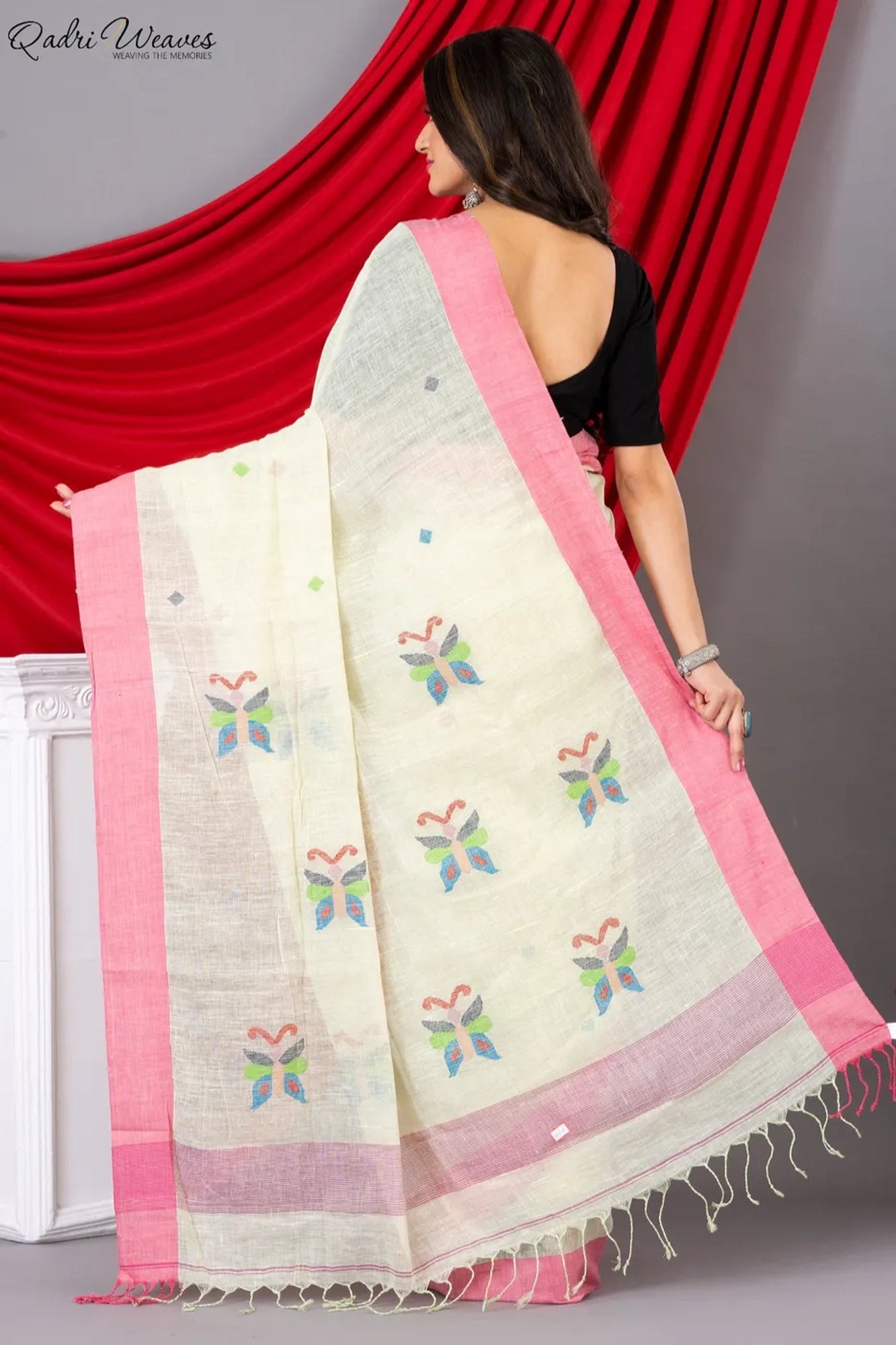 Handloom Cream Pure Linen Jamdani & Butterfly Motif All Saree