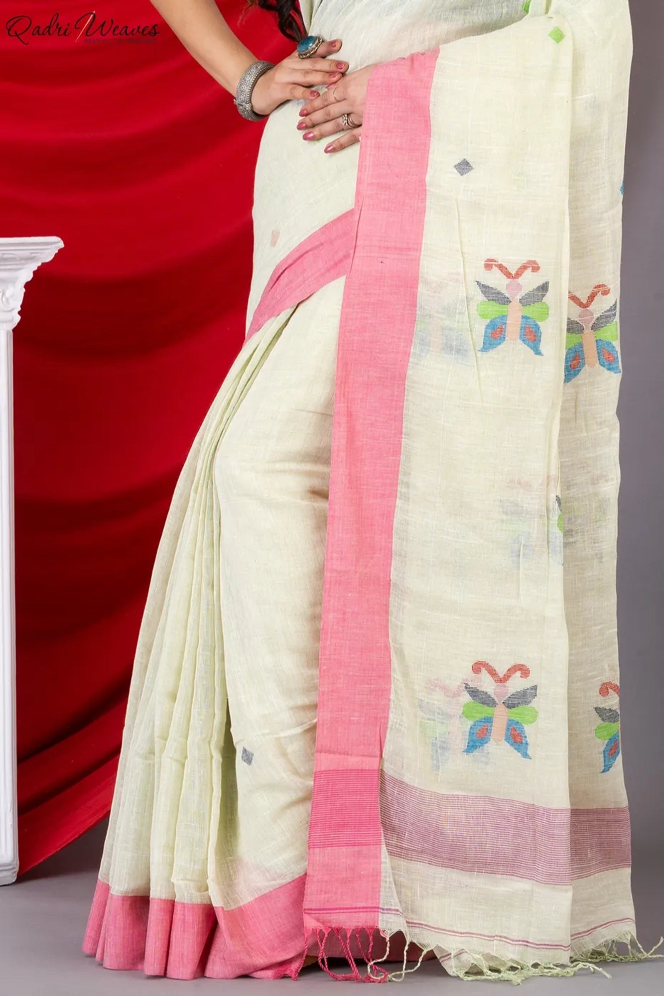 Handloom Cream Pure Linen Jamdani & Butterfly Motif All Saree