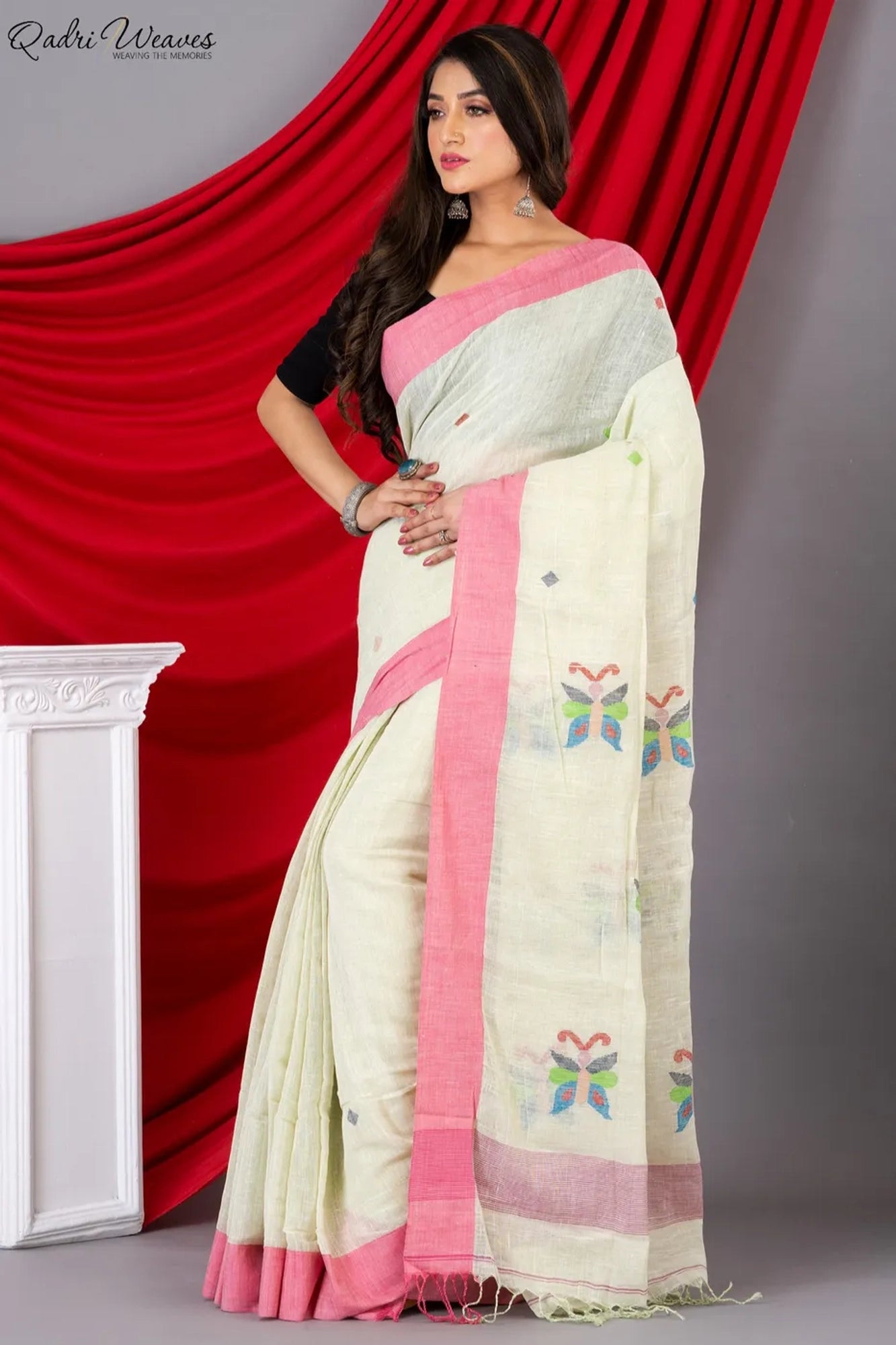 Handloom Cream Pure Linen Jamdani & Butterfly Motif All Saree