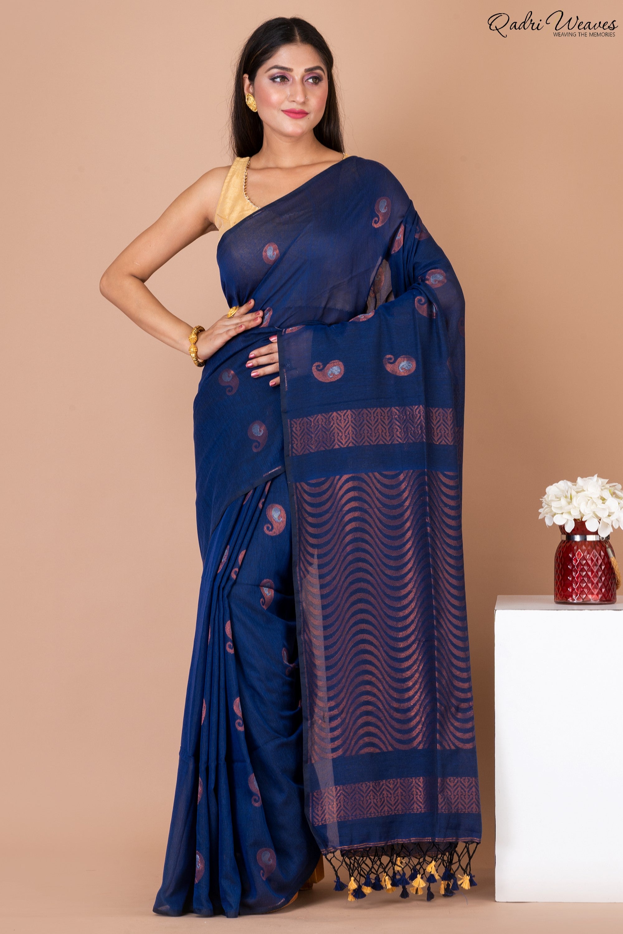 Handloom Blue Copper Pure Cotton Saree