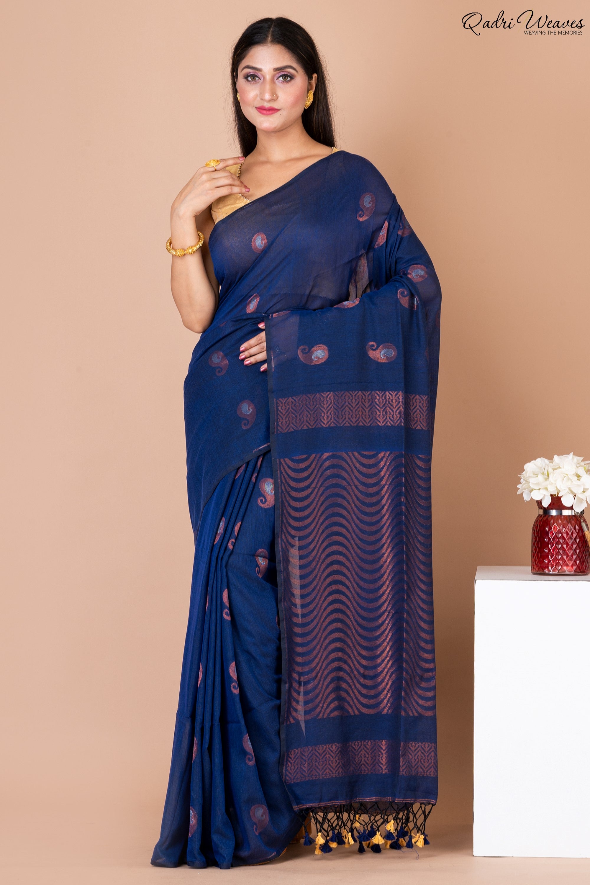 Handloom Blue Copper Pure Cotton Saree