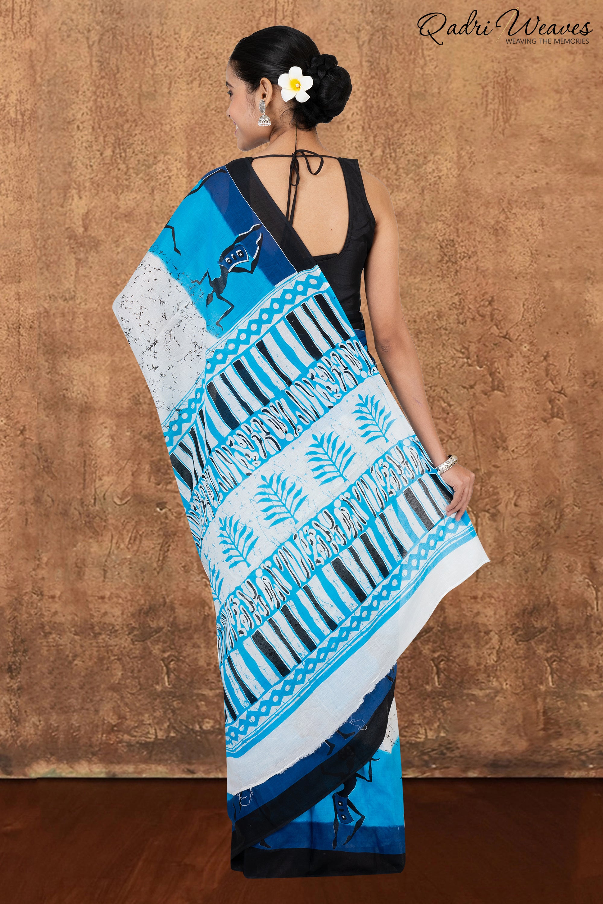 Printed White & Blue Pure Mulmul Cotton Saree