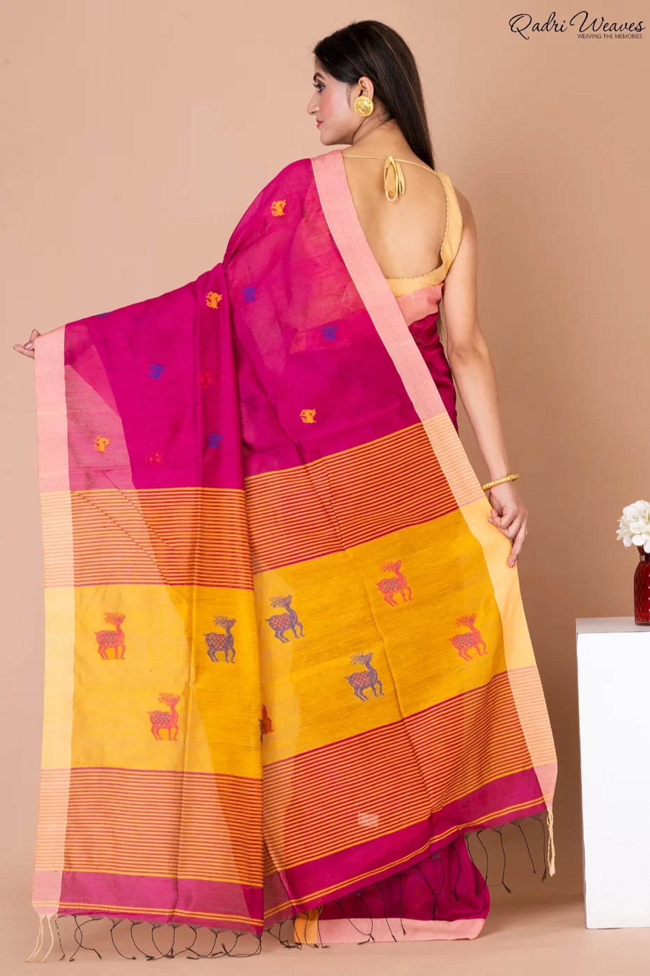 Handloom Ruby Pink Kota Silk x Acrylic Cotton Saree