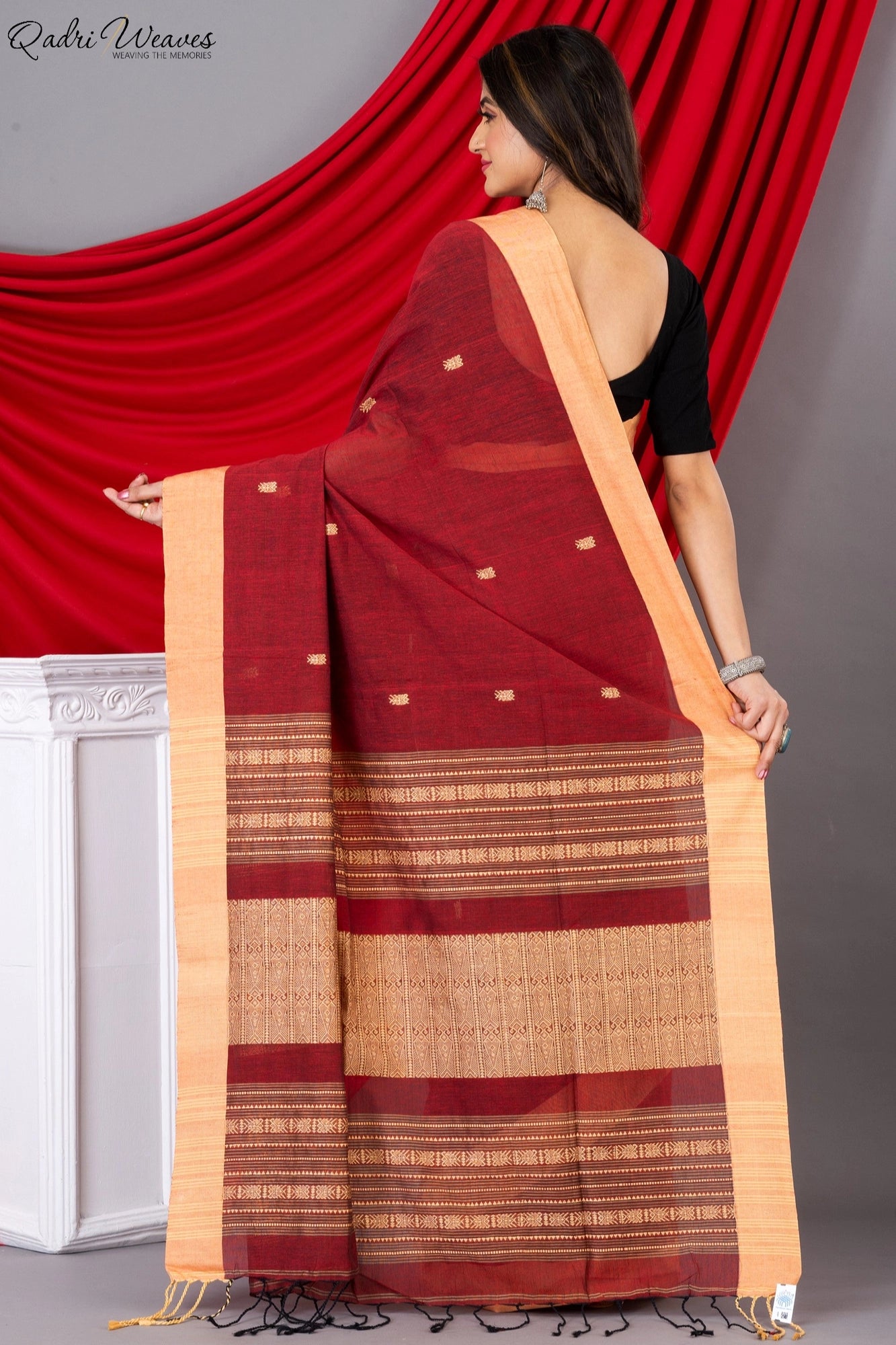 Handloom Cherry Red Khadi Cotton Tangail Saree