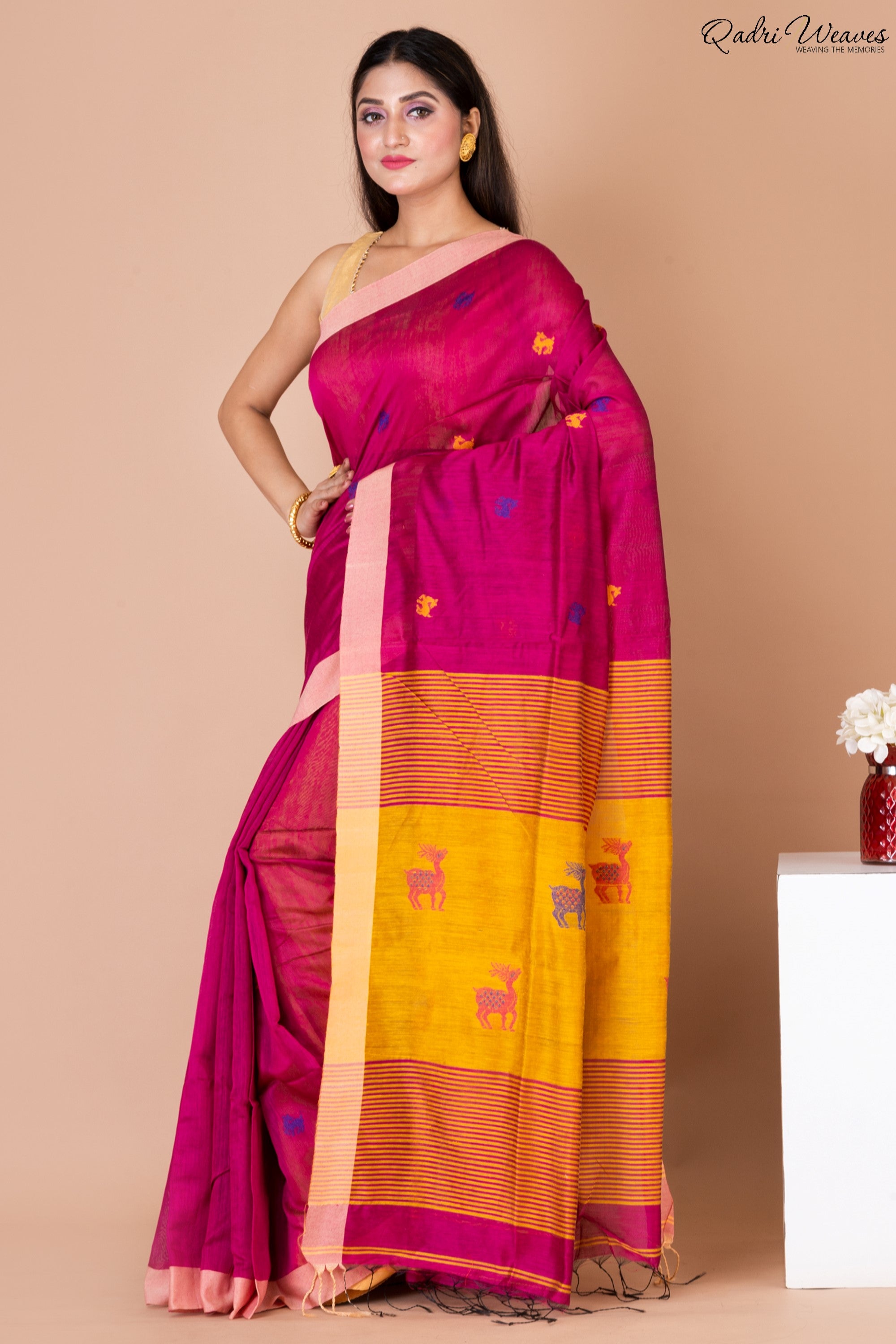 Handloom Ruby Pink Kota Silk x Acrylic Cotton Saree