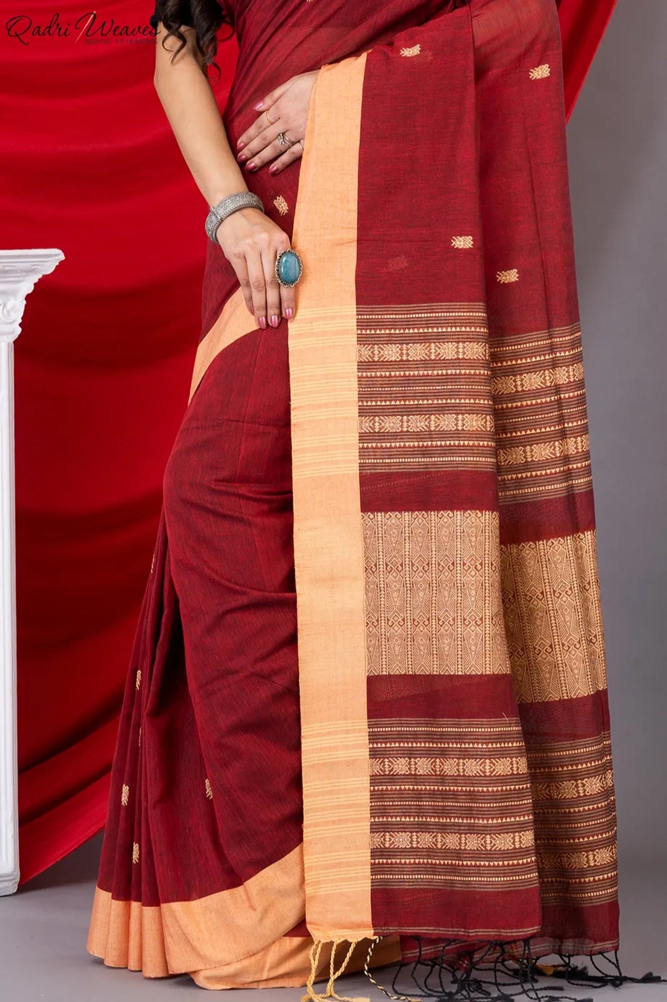 Handloom Cherry Red Khadi Cotton Tangail Saree