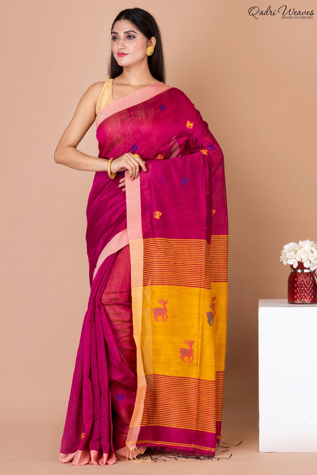 Handloom Ruby Pink Kota Silk x Acrylic Cotton Saree