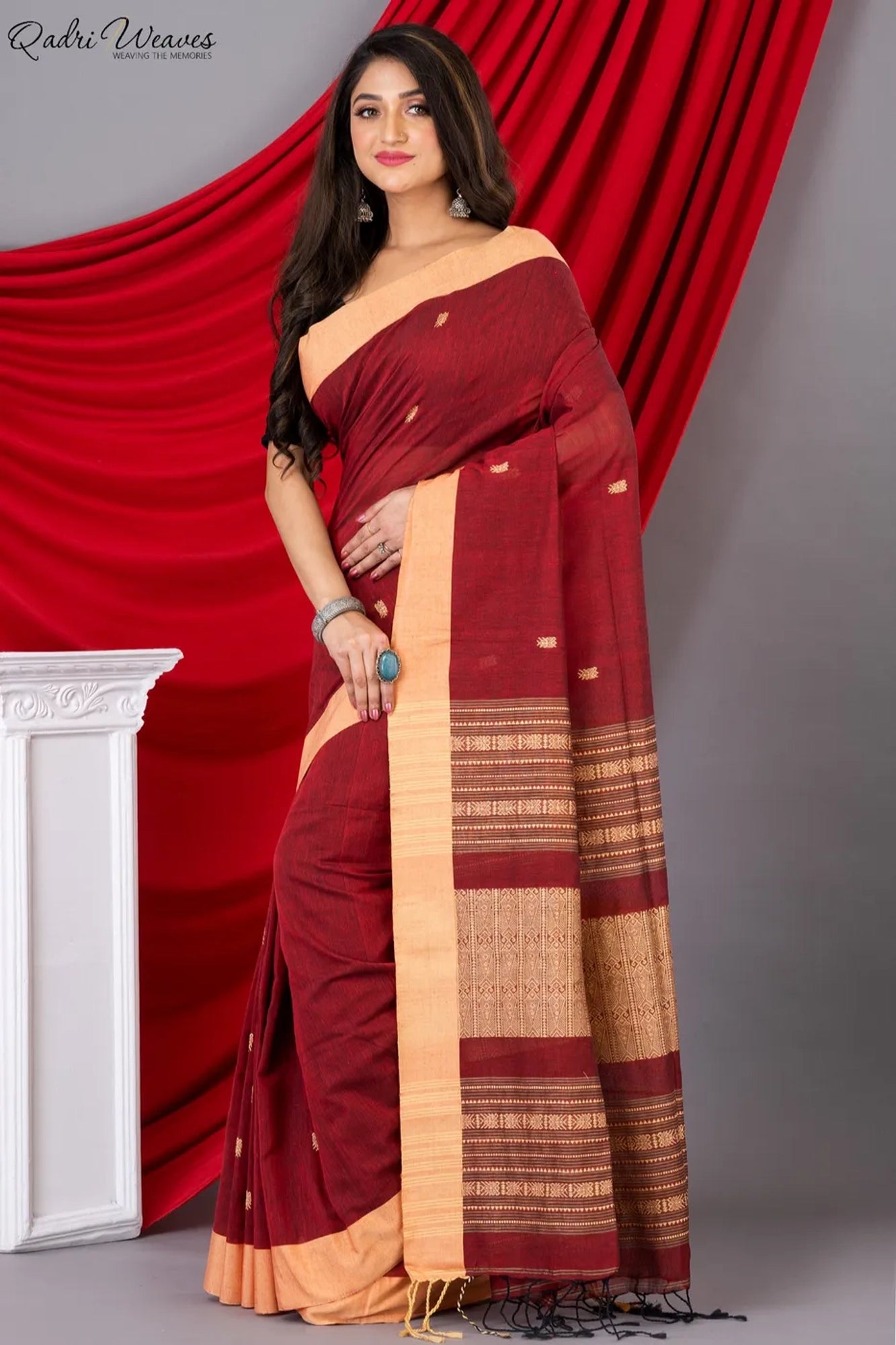 Handloom Cherry Red Khadi Cotton Tangail Saree