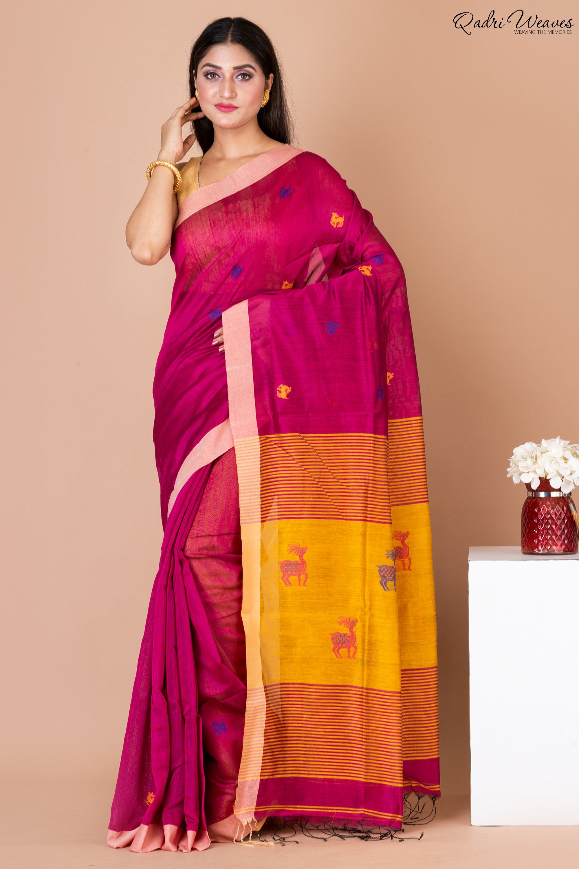 Handloom Ruby Pink Kota Silk x Acrylic Cotton Saree