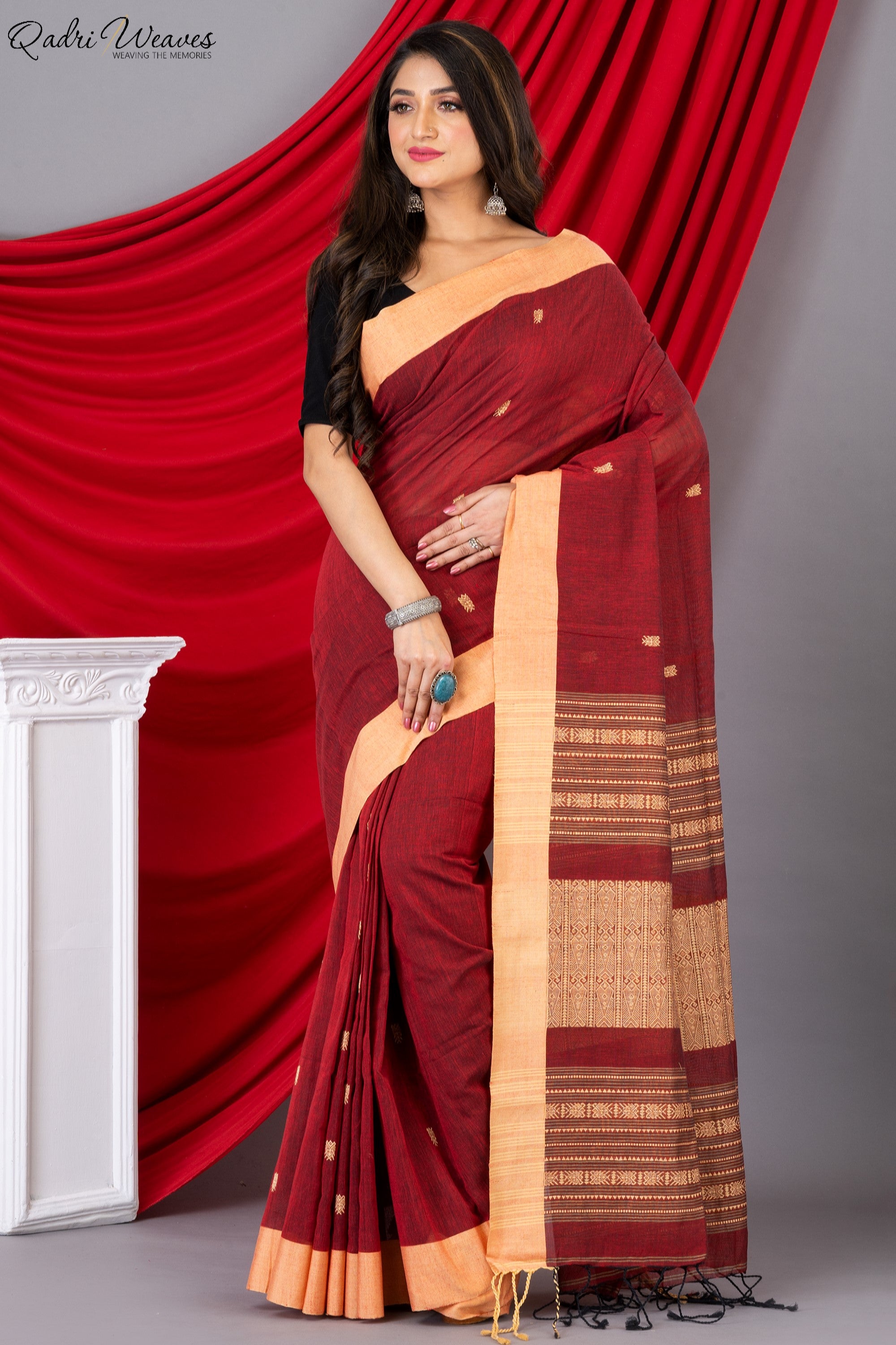 Handloom Cherry Red Khadi Cotton Tangail Saree