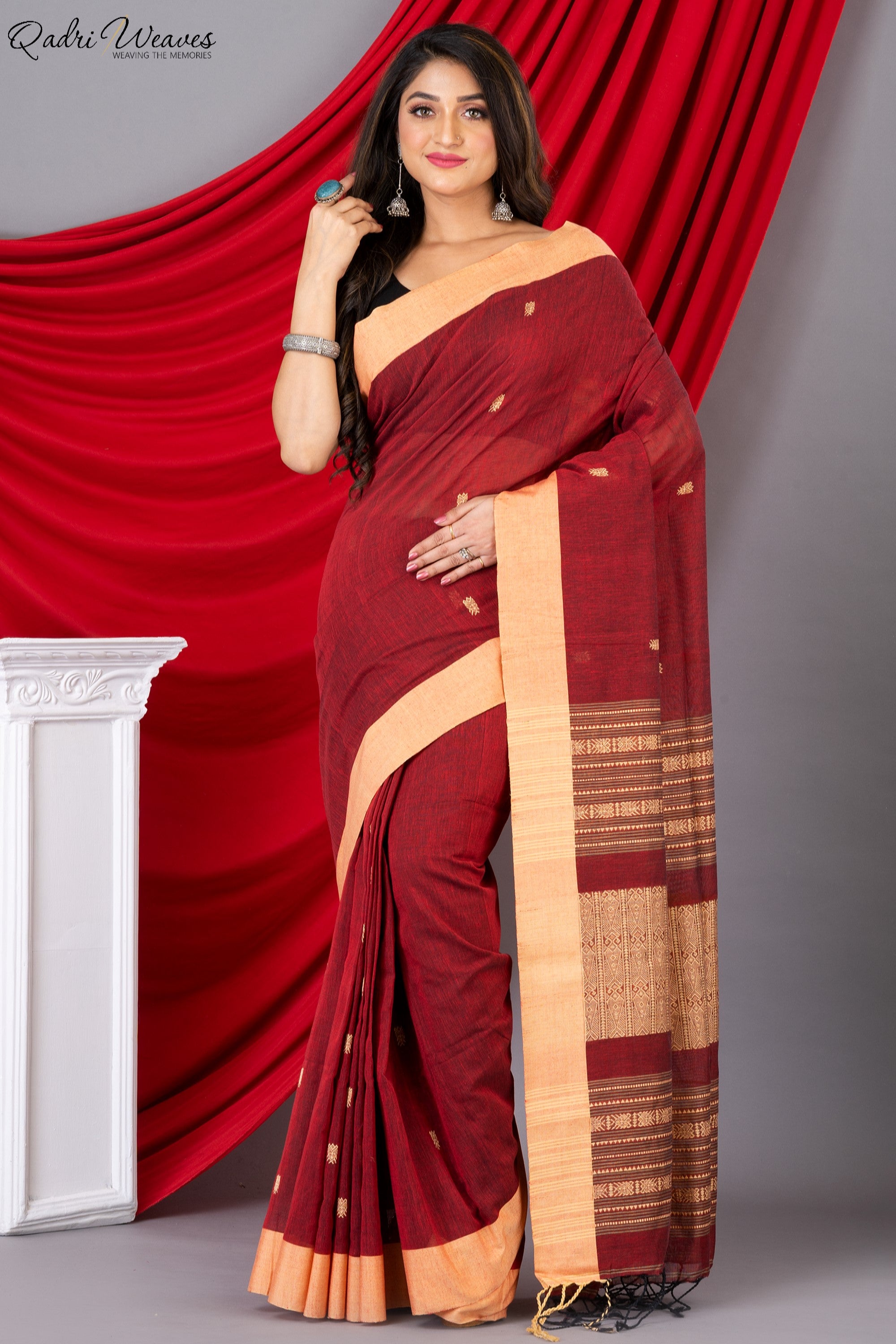 Handloom Cherry Red Khadi Cotton Tangail Saree