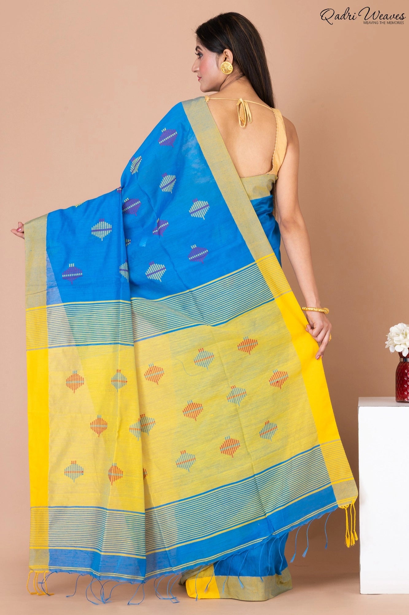 Handloom Bluish & Yellow Kota Silk x Acrylic Cotton Saree