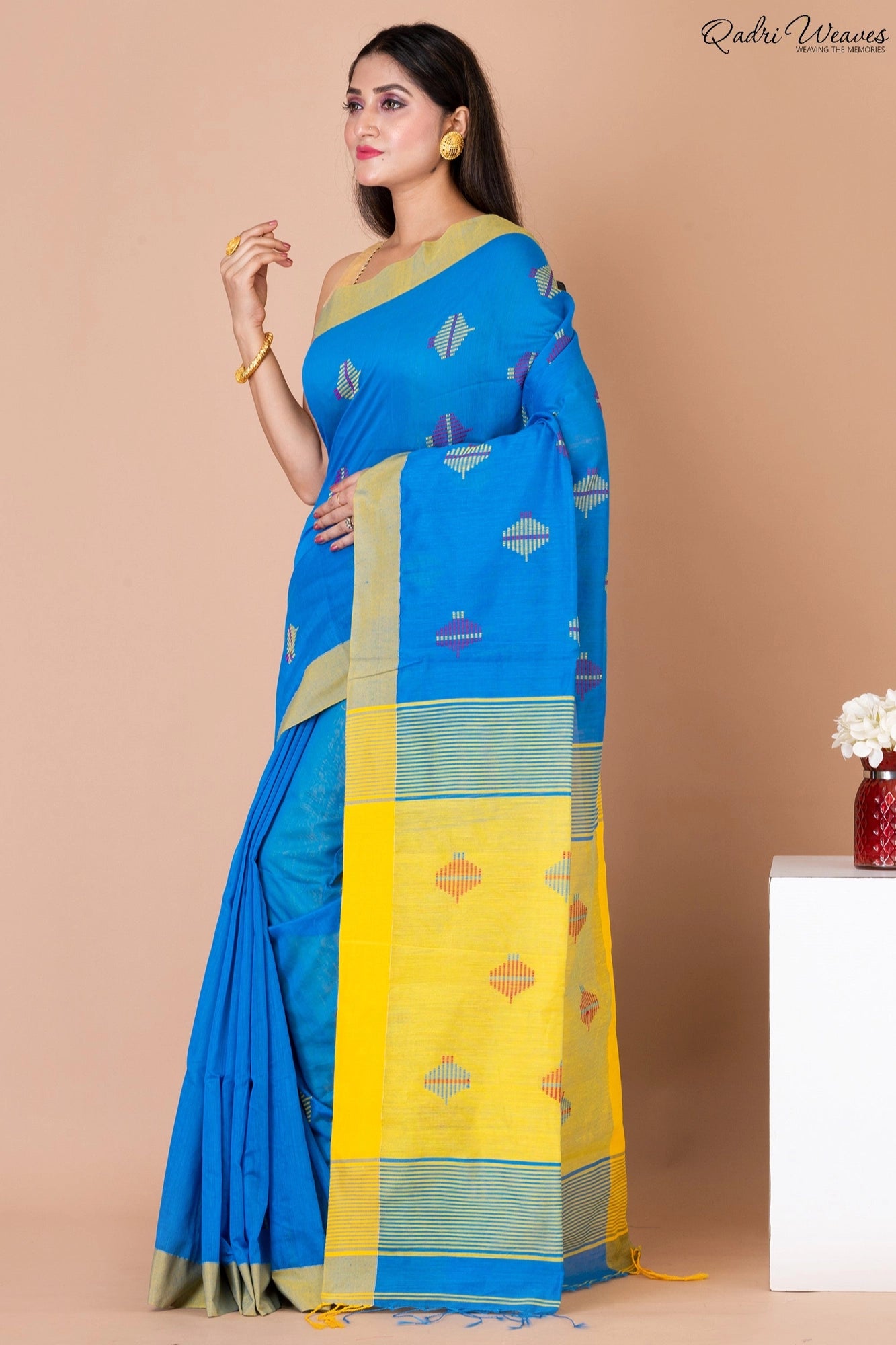 Handloom Bluish & Yellow Kota Silk x Acrylic Cotton Saree