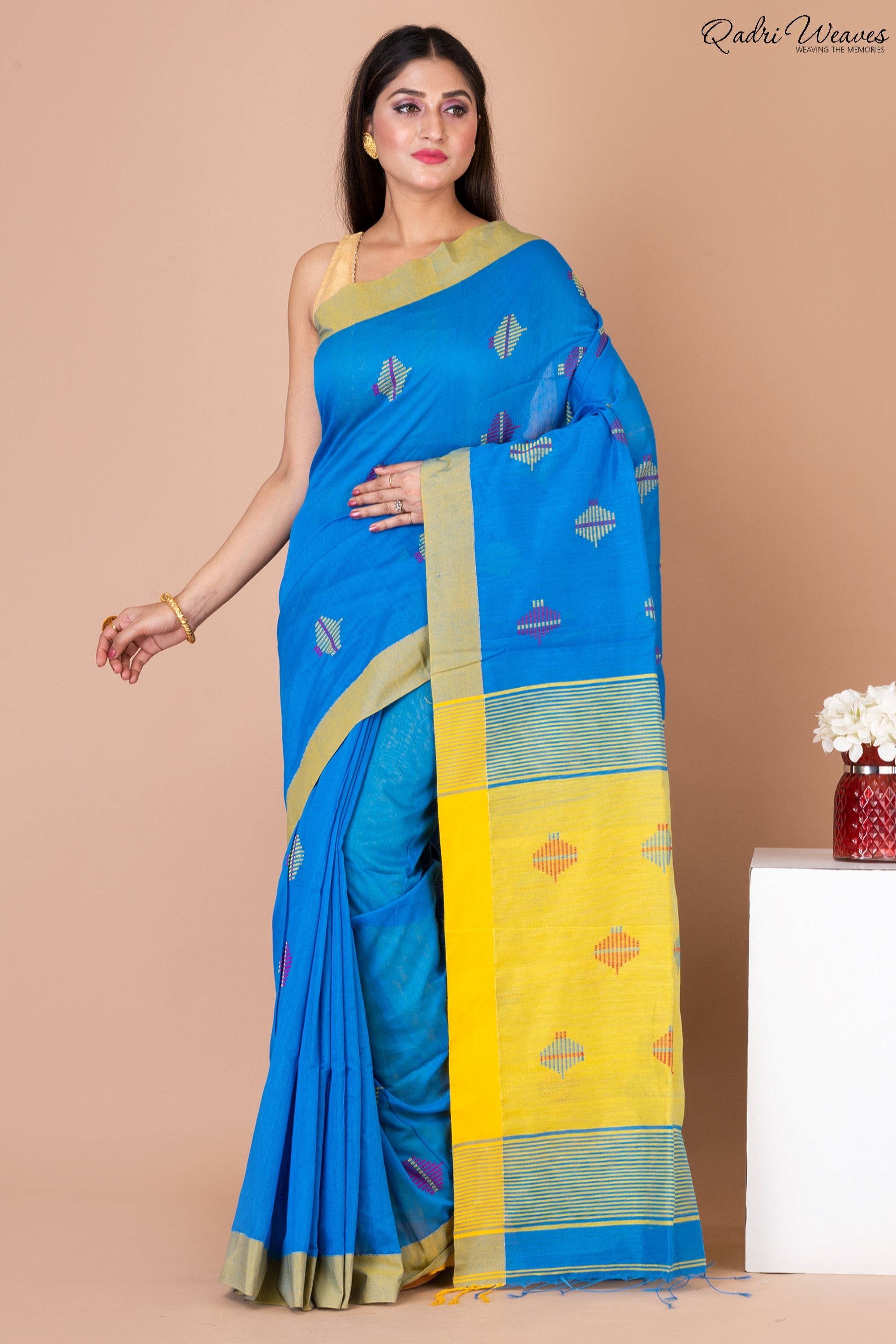 Handloom Bluish & Yellow Kota Silk x Acrylic Cotton Saree