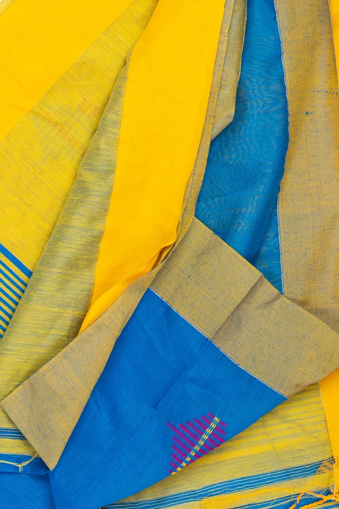 Handloom Bluish & Yellow Kota Silk x Acrylic Cotton Saree