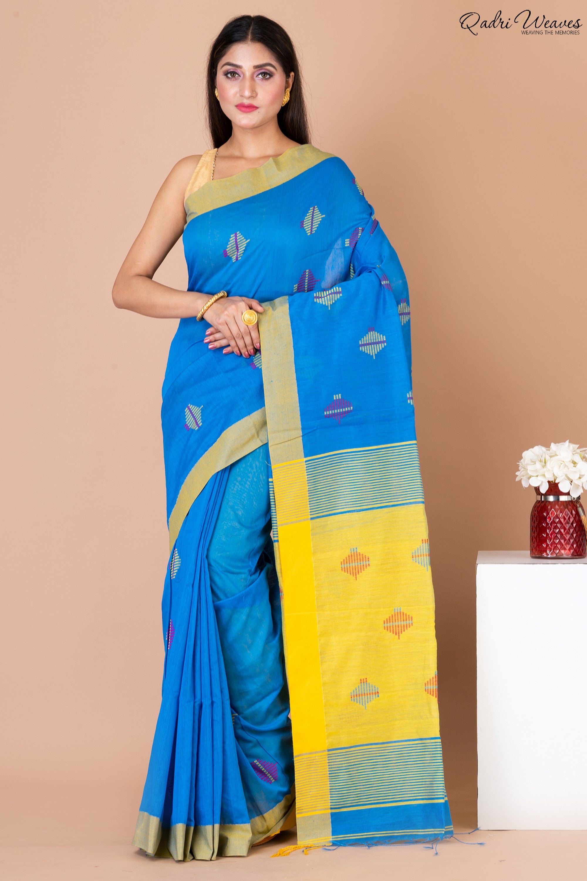 Handloom Bluish & Yellow Kota Silk x Acrylic Cotton Saree