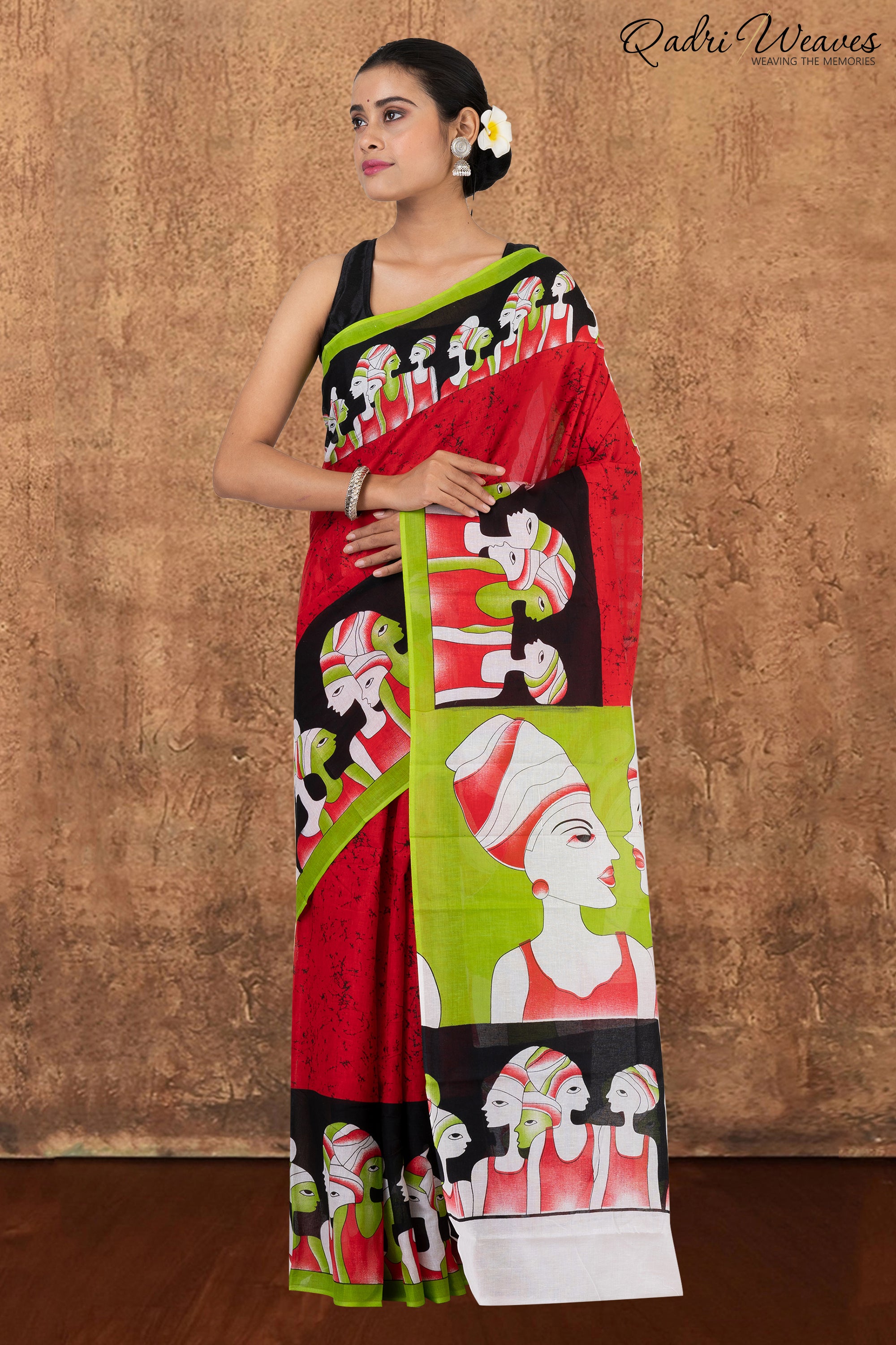 Printed White & Red Pure Mulmul Cotton Saree