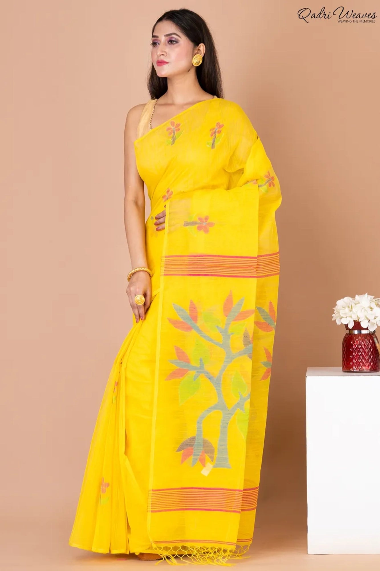 Handloom Yellow Khadi Silk Jamdani Saree