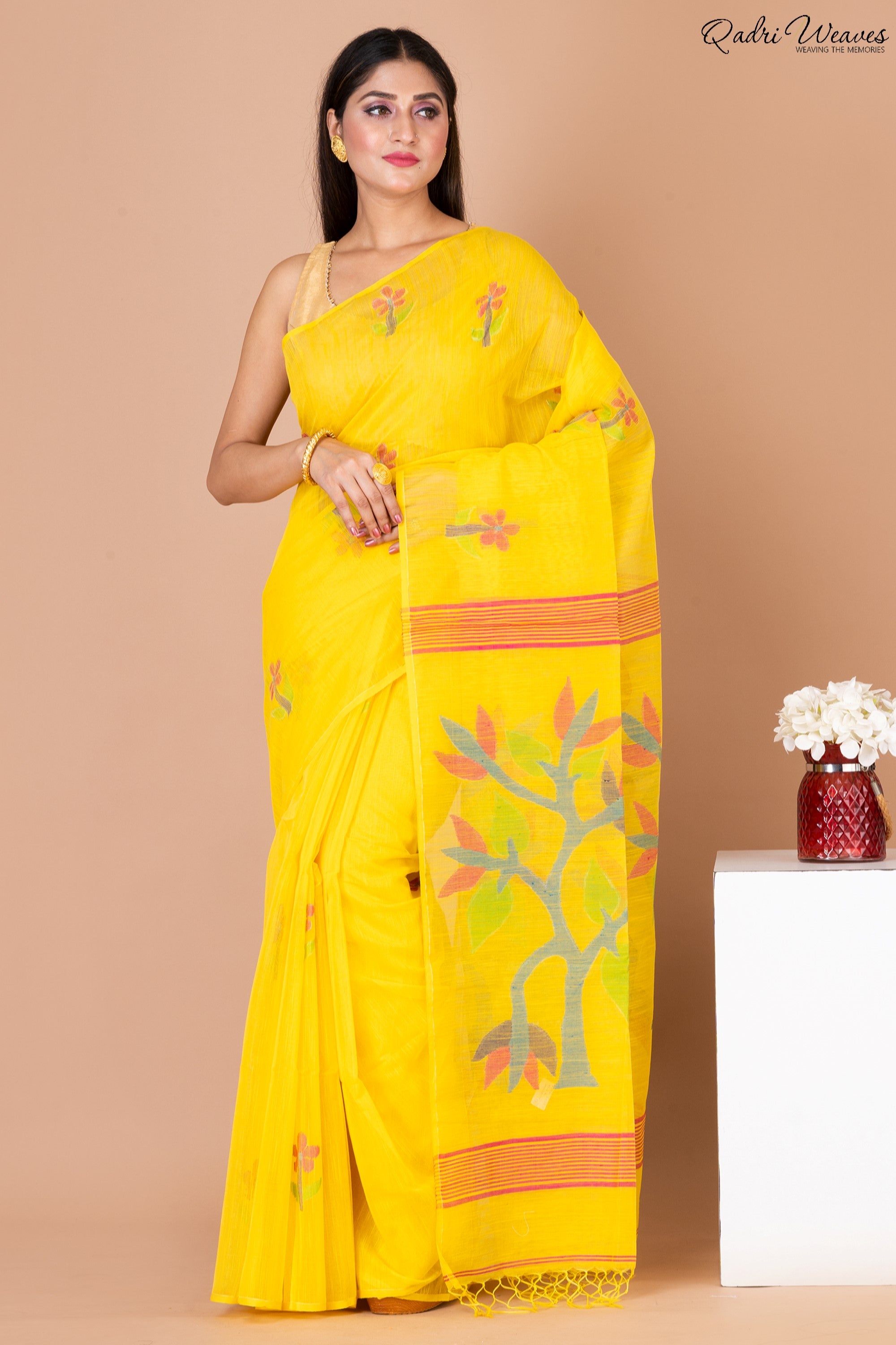 Handloom Yellow Khadi Silk Jamdani Saree