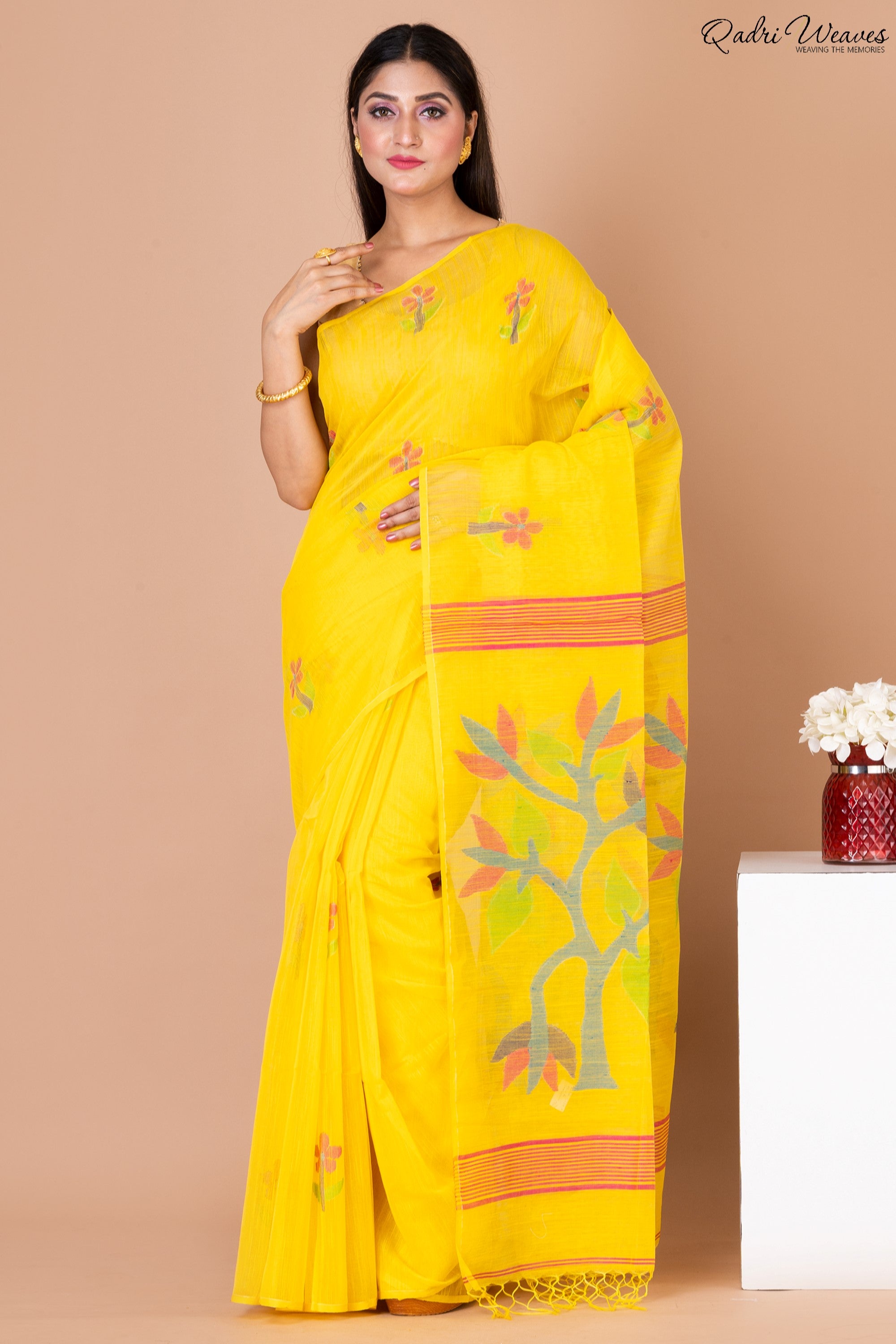 Handloom Yellow Khadi Silk Jamdani Saree