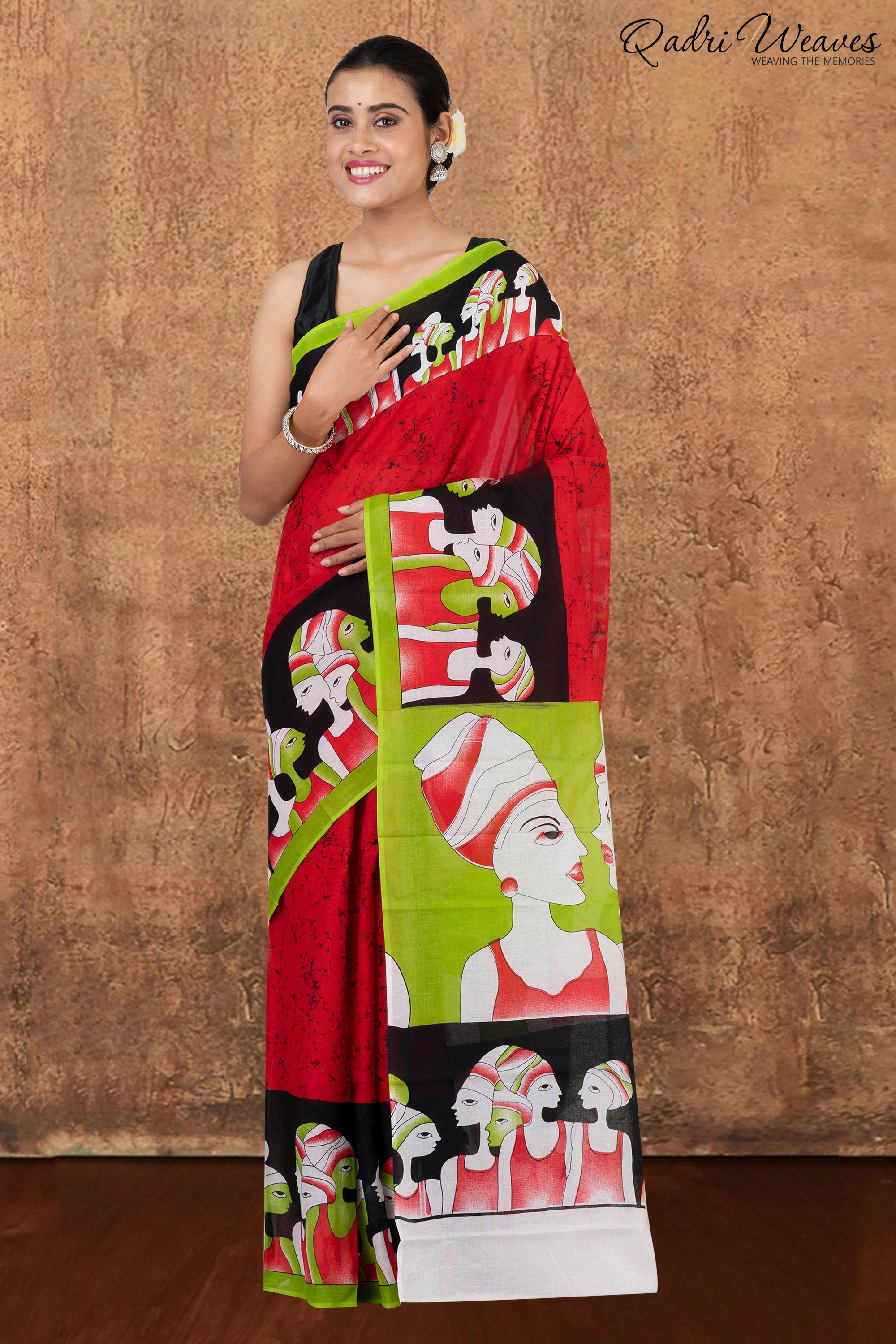 Printed White & Red Pure Mulmul Cotton Saree