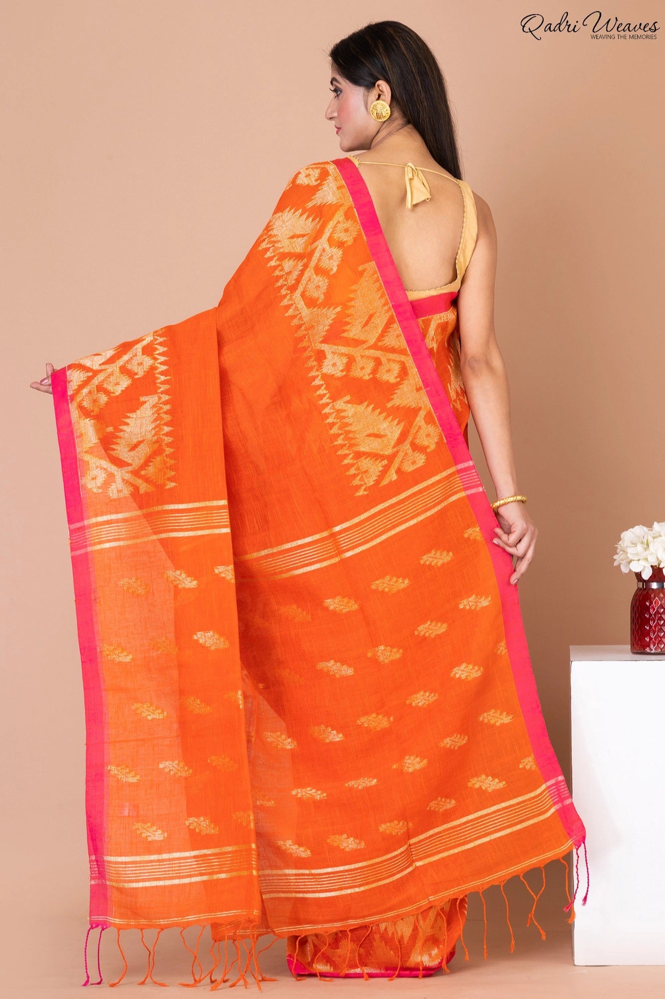 Handloom Tiger Orange Pure Linen Jamdani Saree