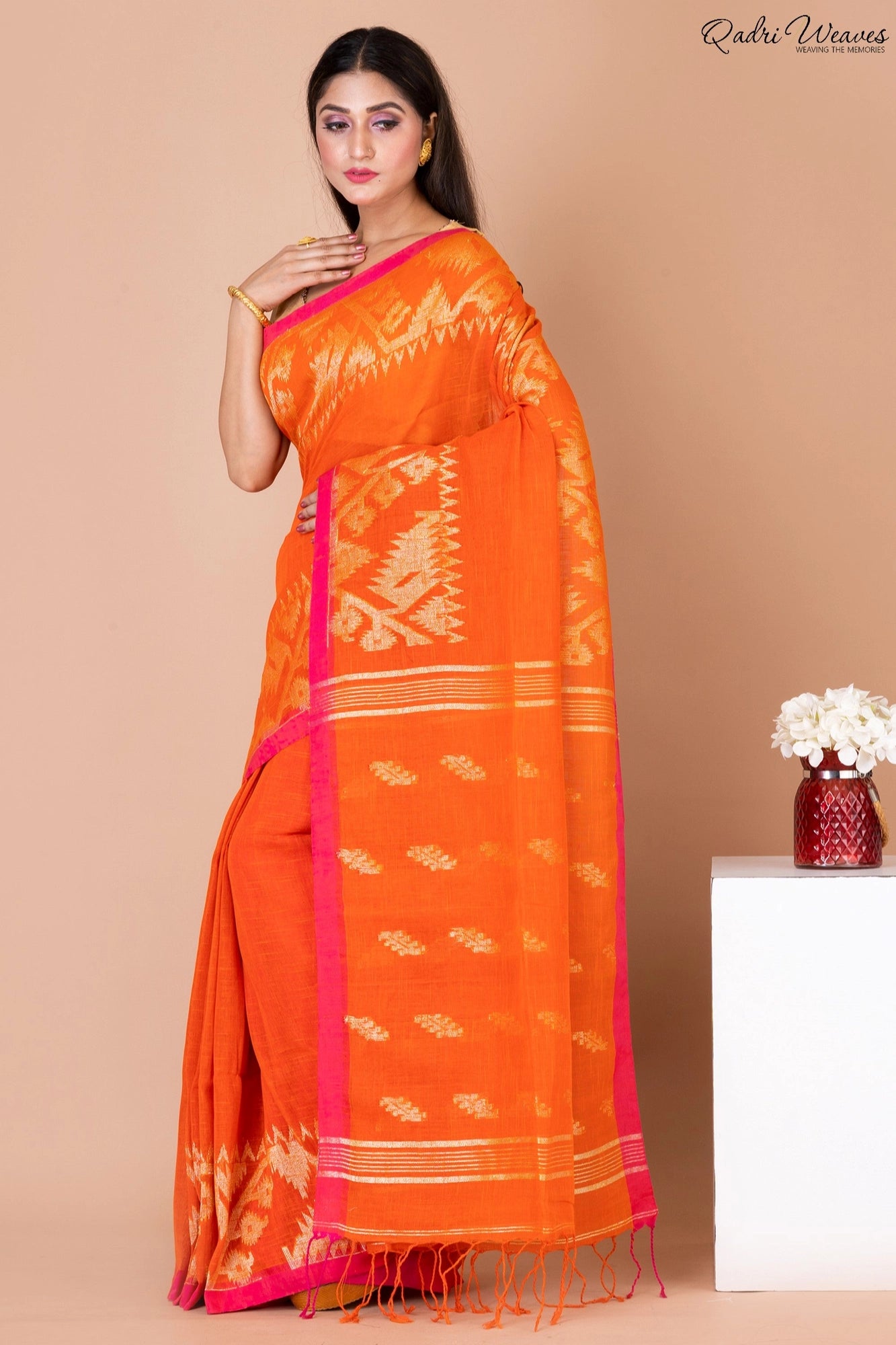 Handloom Tiger Orange Pure Linen Jamdani Saree