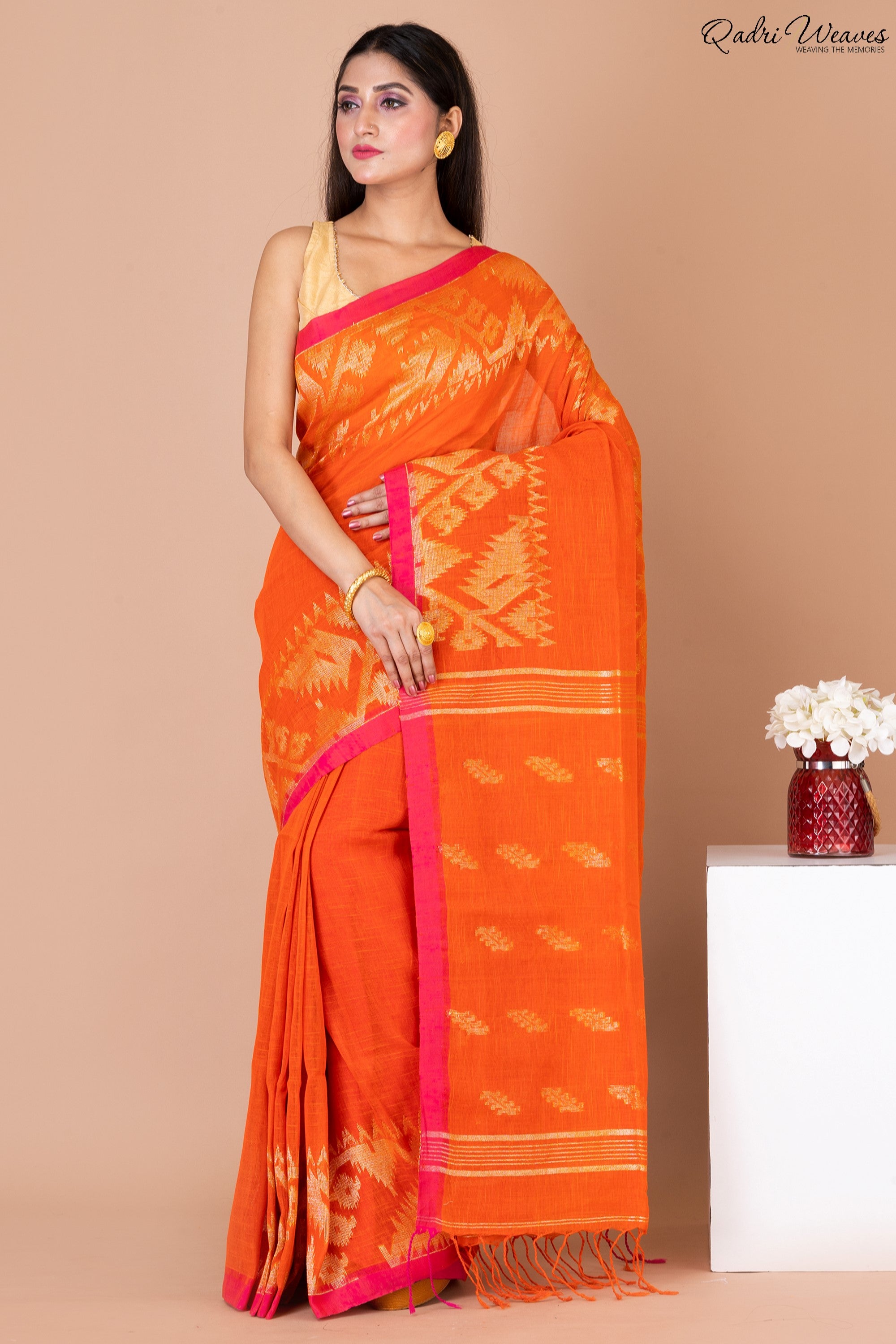 Handloom Tiger Orange Pure Linen Jamdani Saree