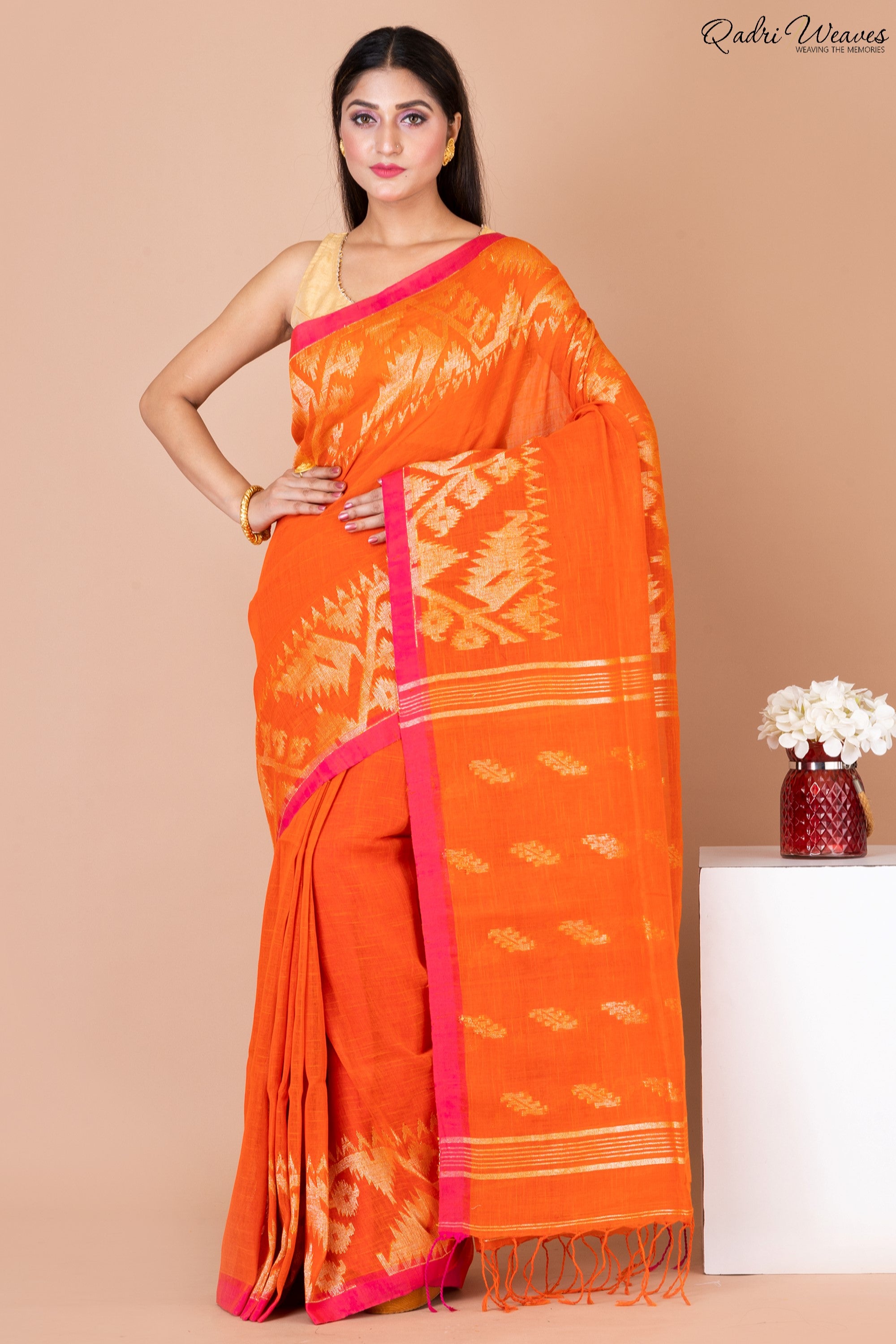 Handloom Tiger Orange Pure Linen Jamdani Saree