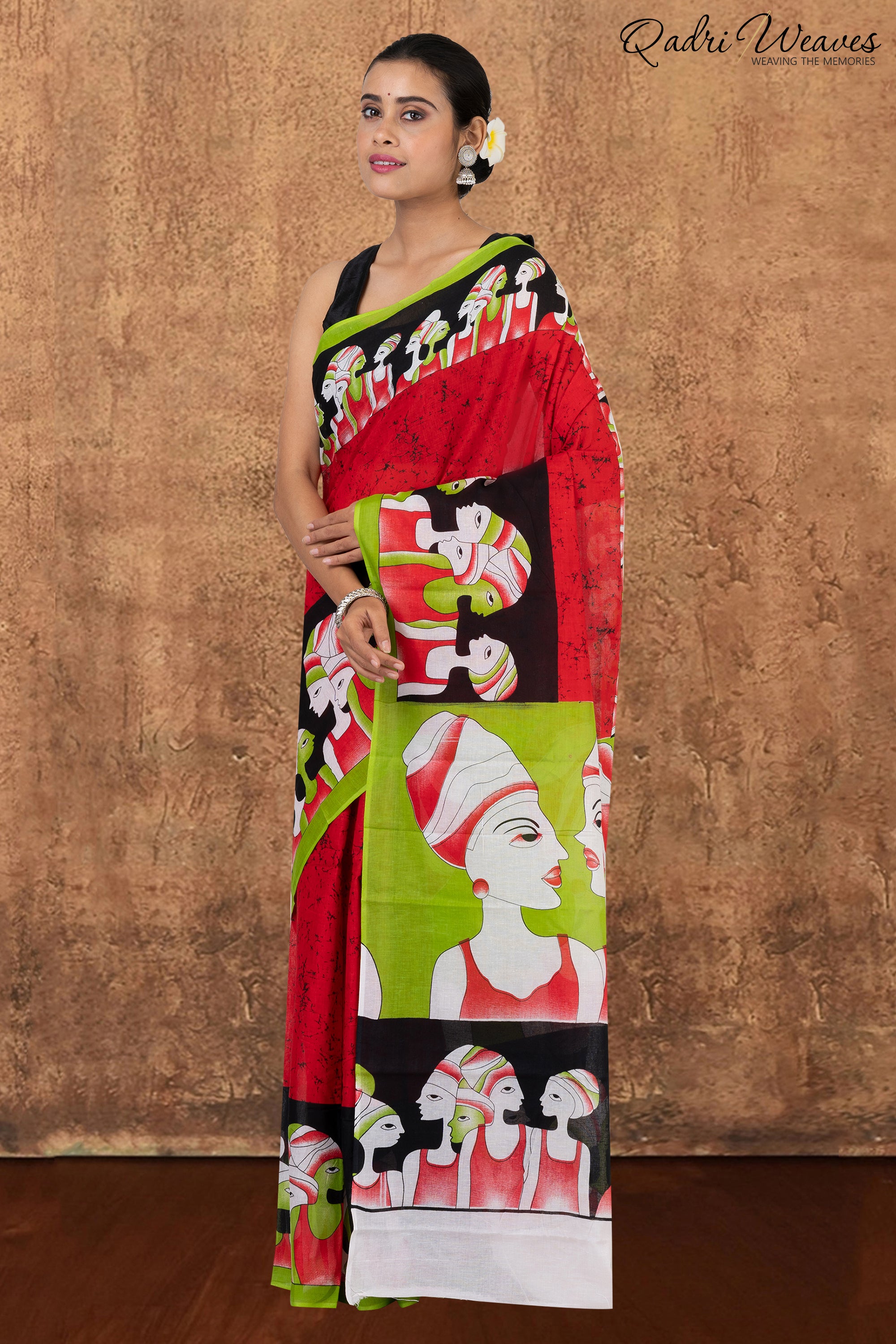 Printed White & Red Pure Mulmul Cotton Saree