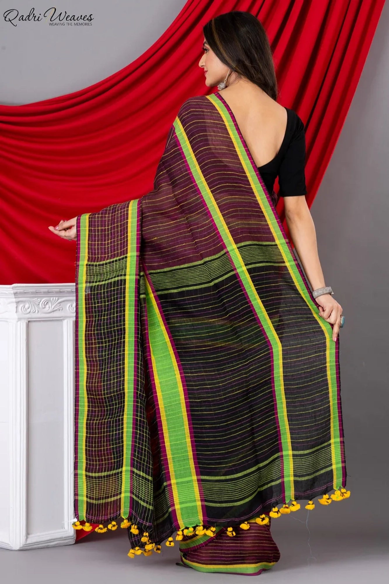 Handloom Black & Wine Pure Linen Saree