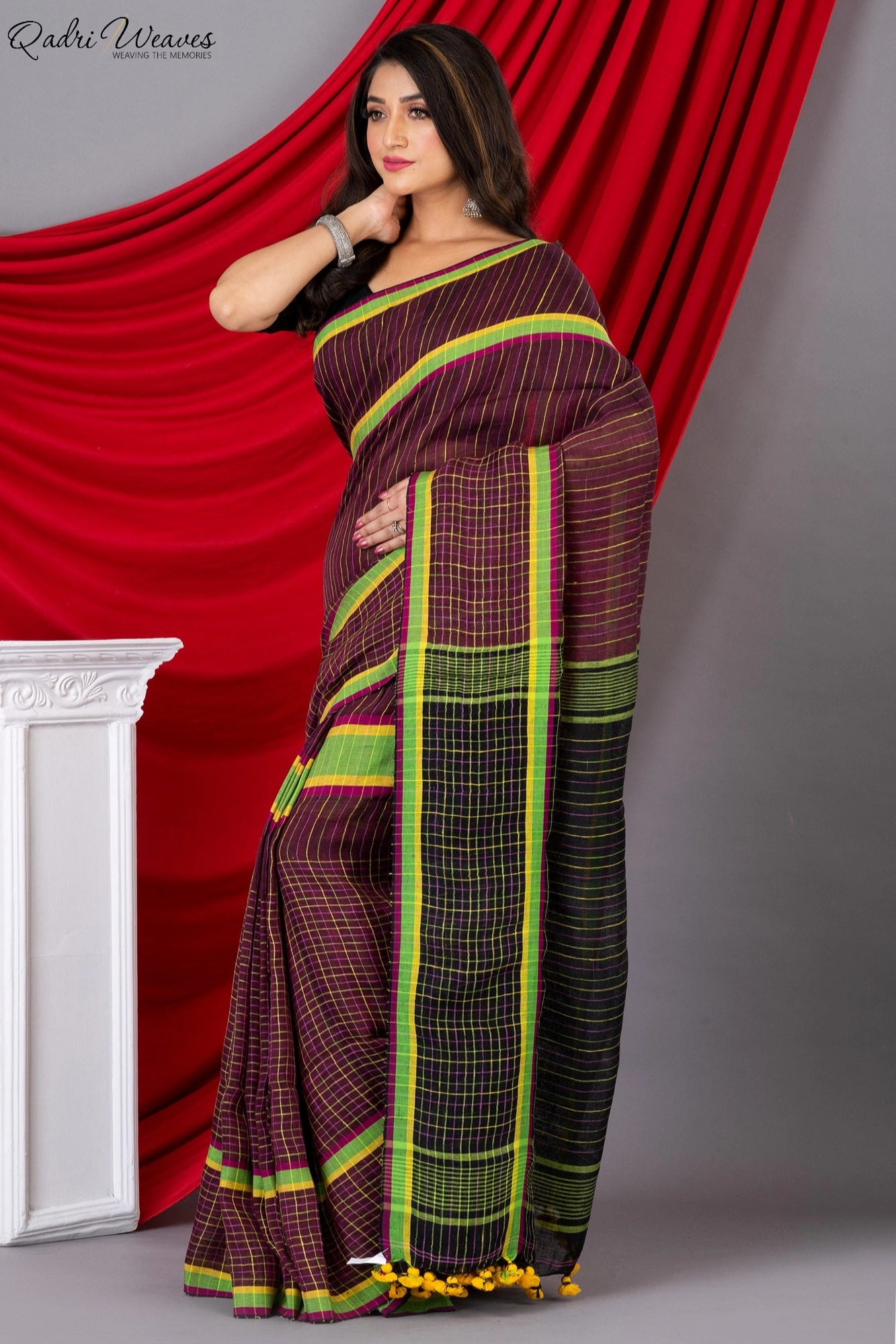 Handloom Black & Wine Pure Linen Saree