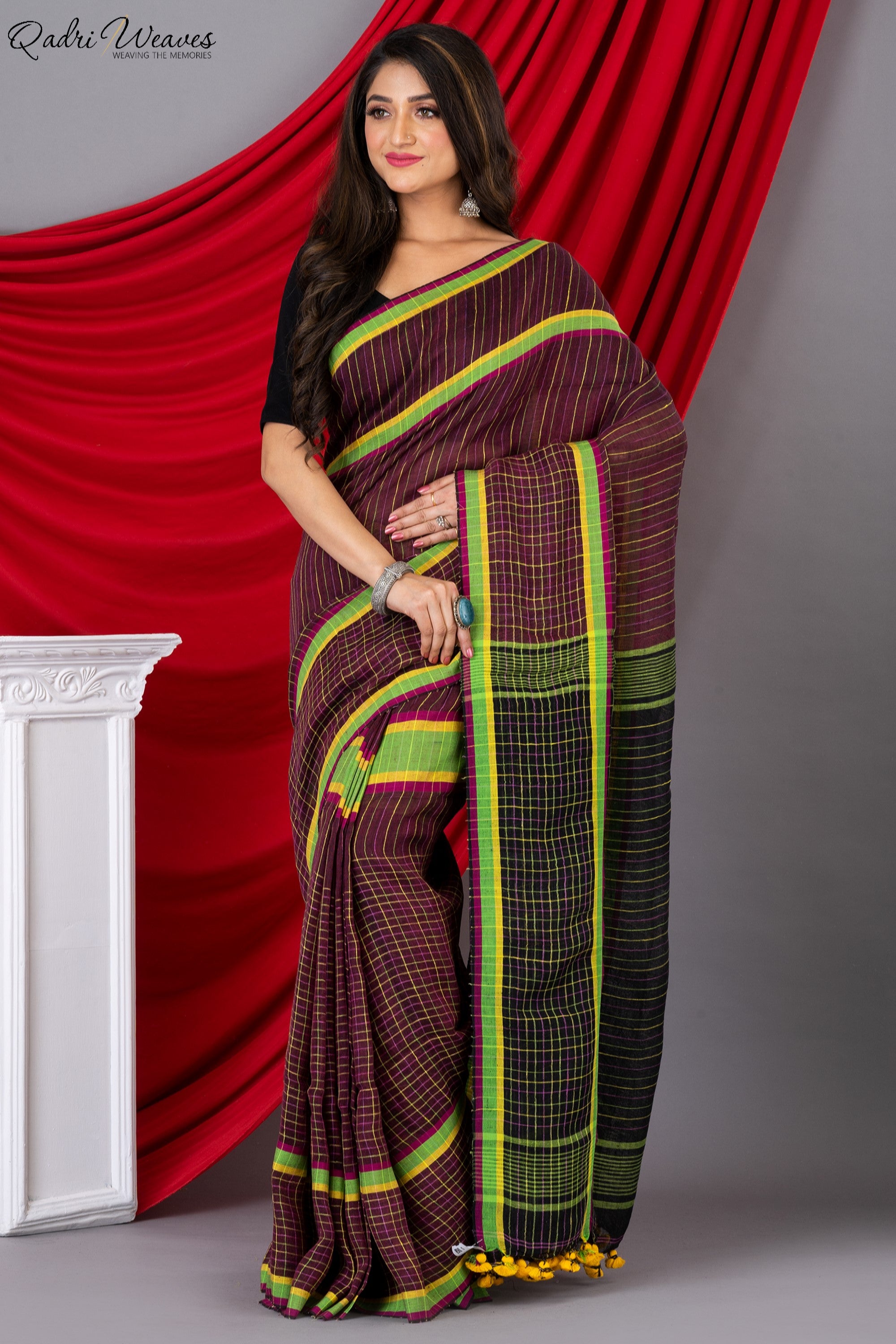 Handloom Black & Wine Pure Linen Saree