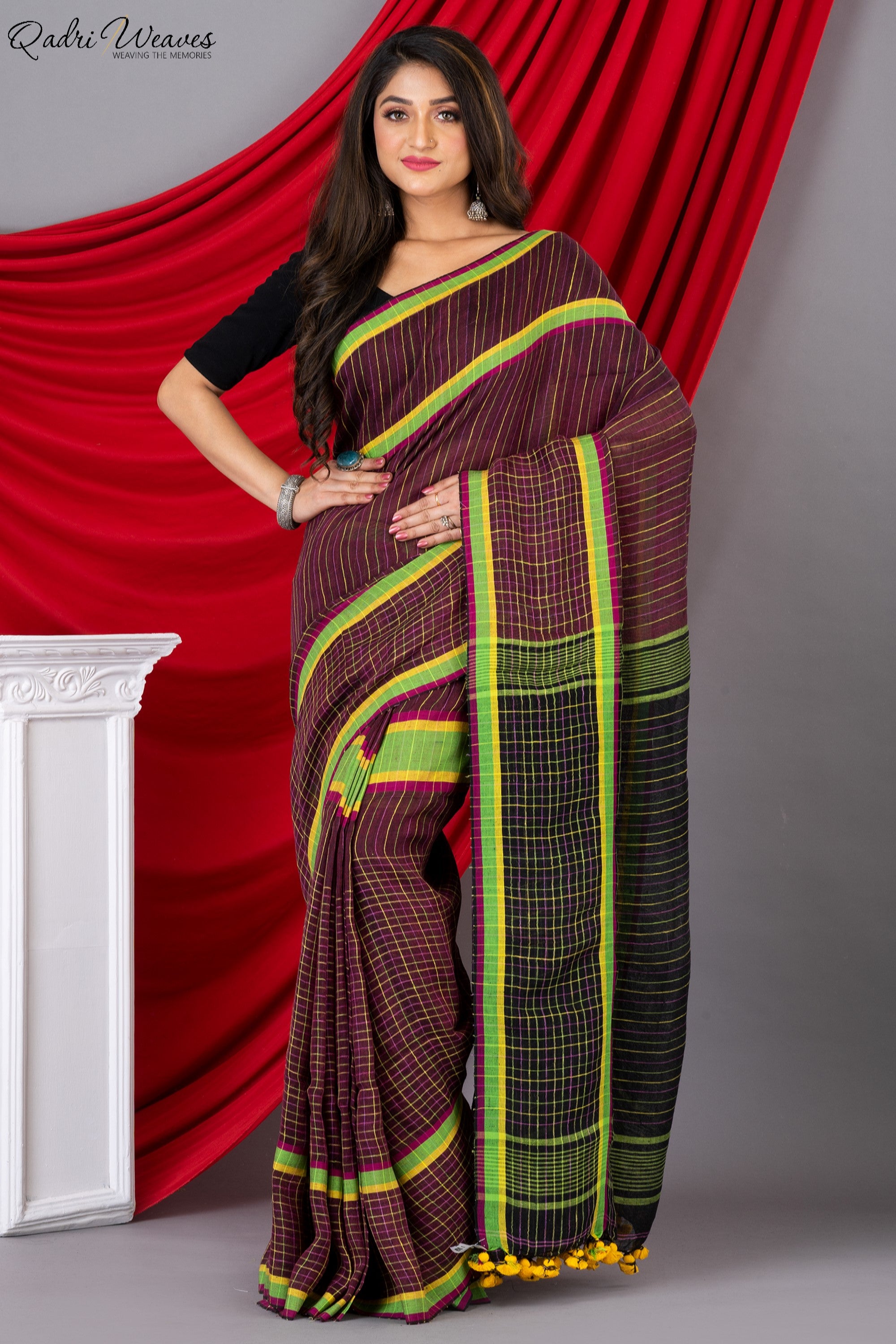 Handloom Black & Wine Pure Linen Saree