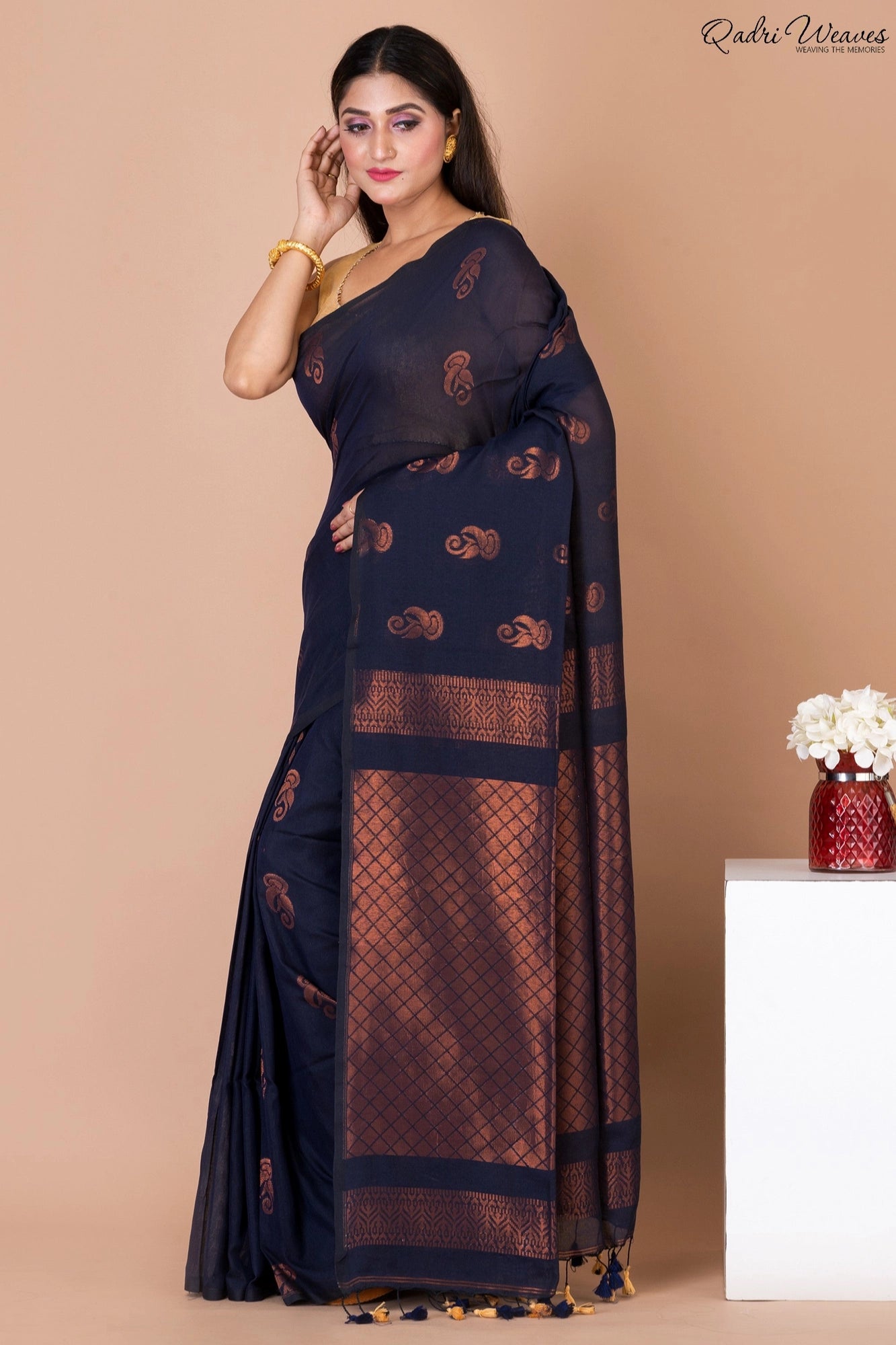 Handloom Persian Indigo Pure Cotton Zari Work Saree