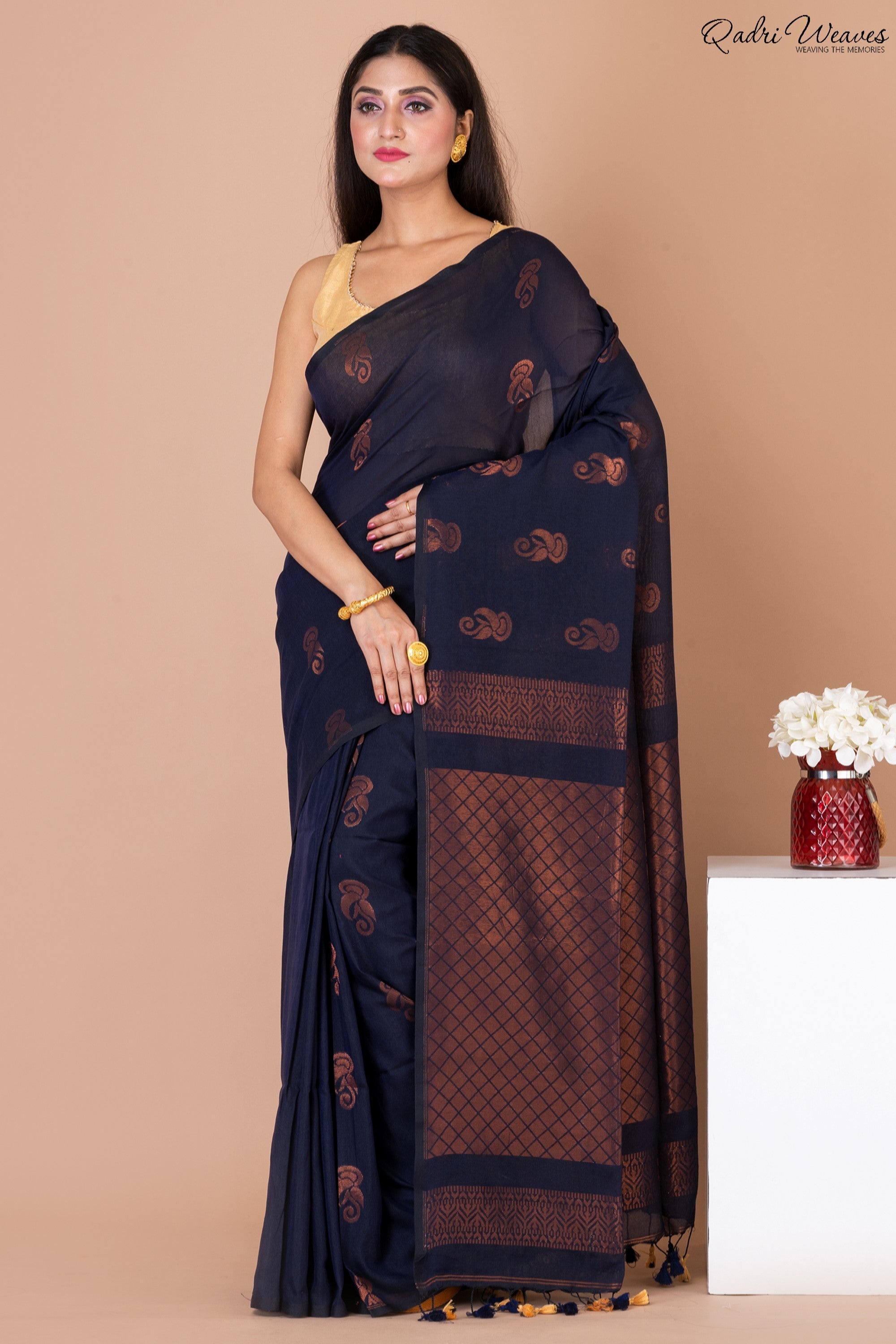 Handloom Persian Indigo Pure Cotton Zari Work Saree