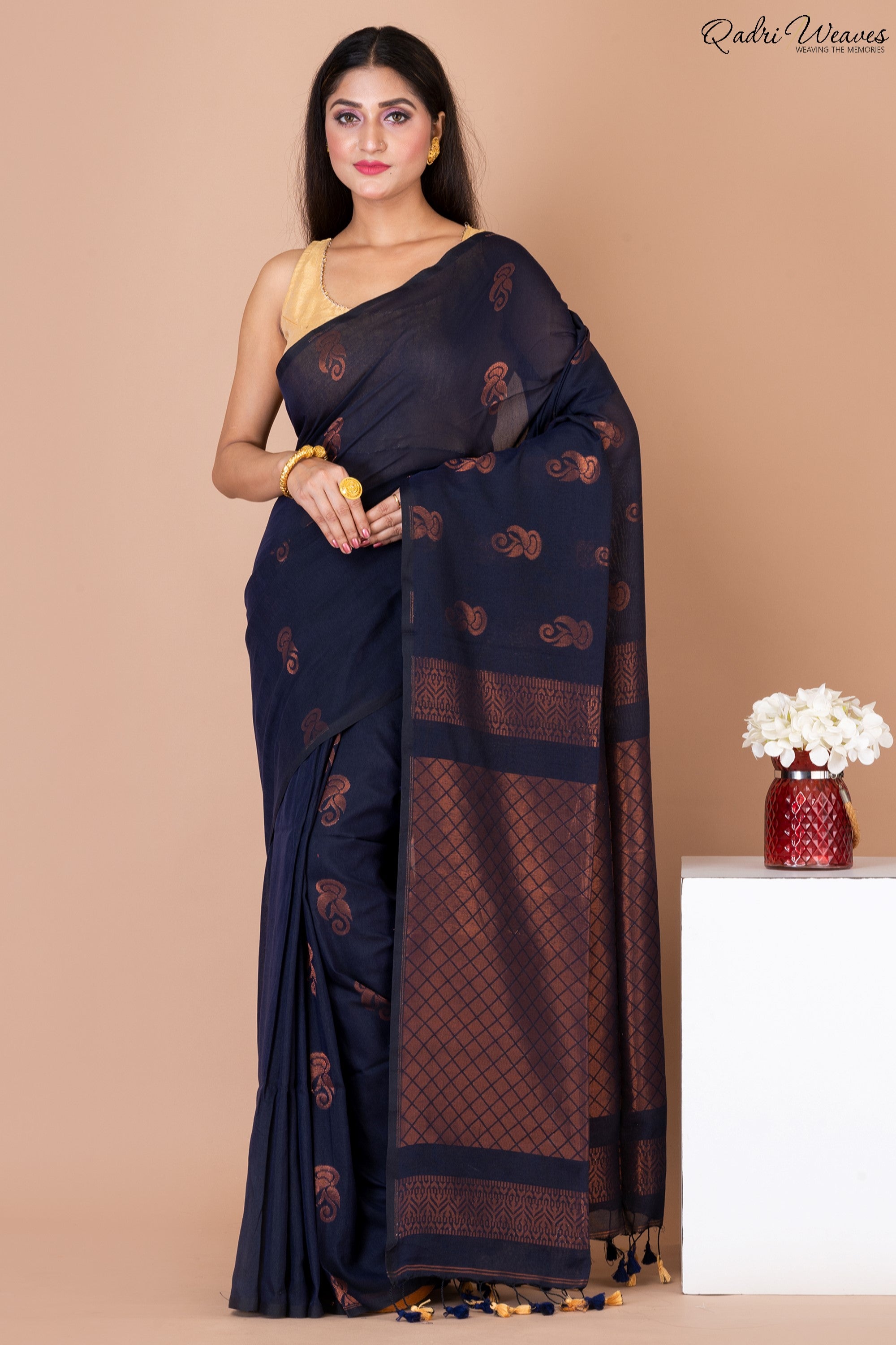 Handloom Persian Indigo Pure Cotton Zari Work Saree