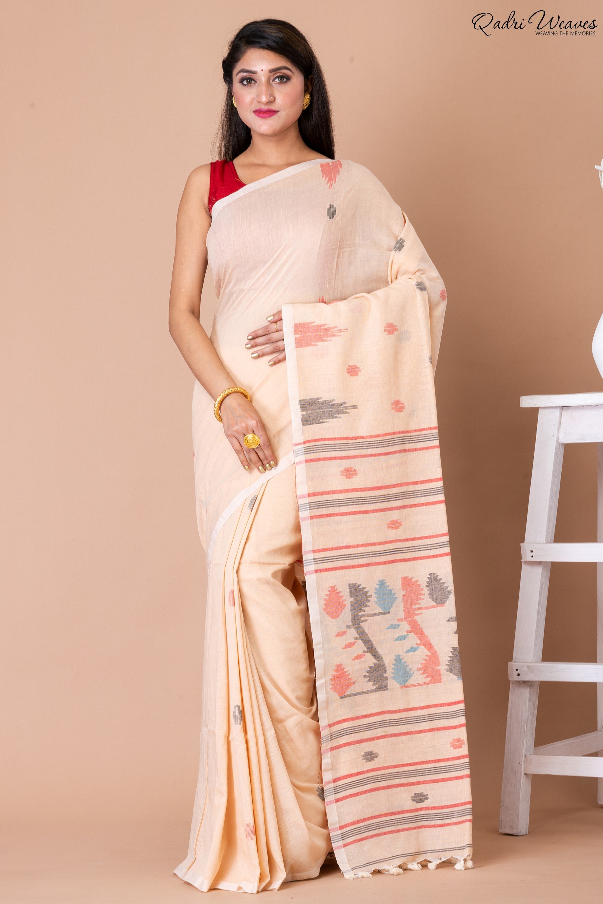 Handloom peach Pure Cotton Jamdani Saree