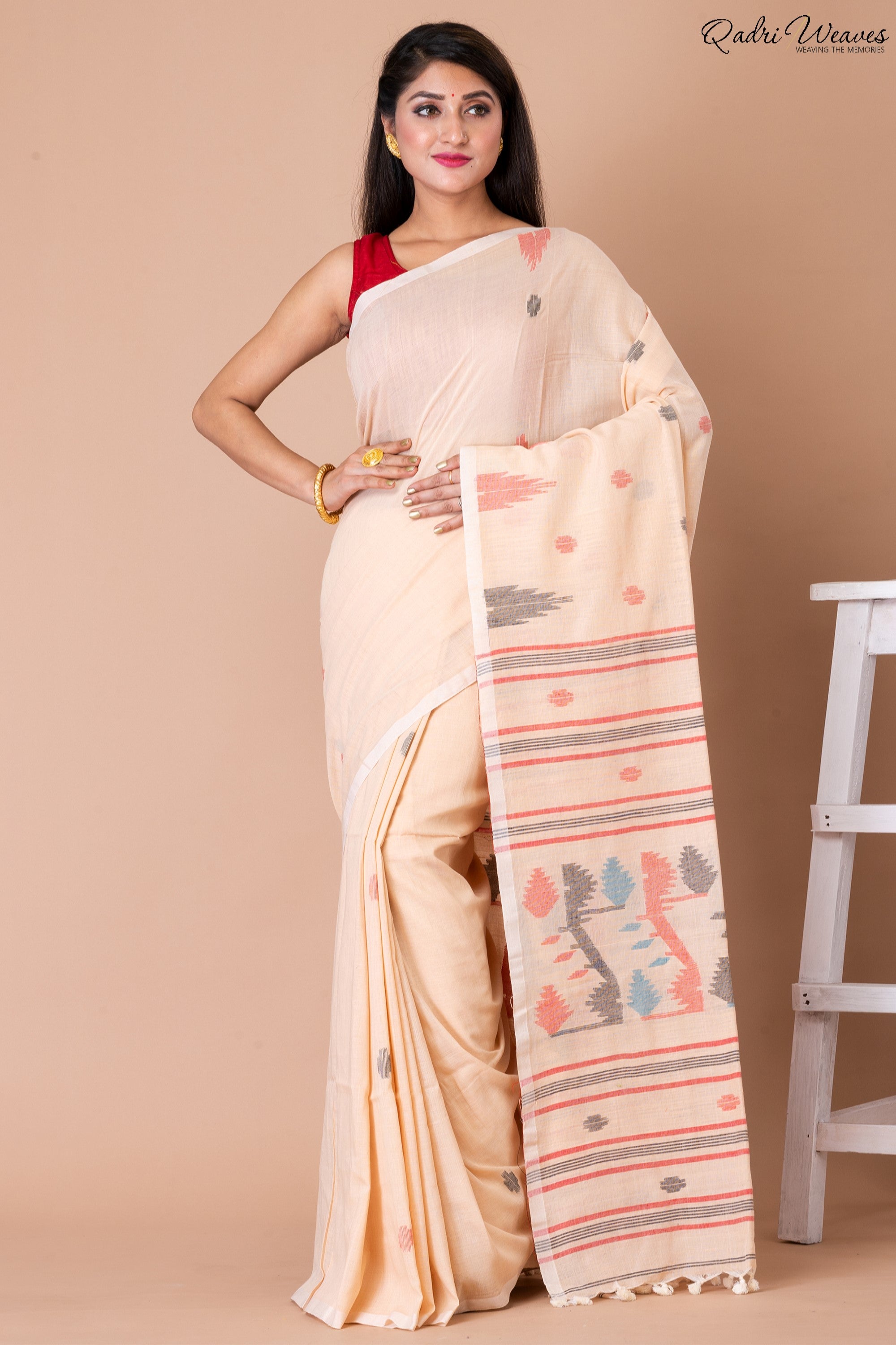 Handloom peach Pure Cotton Jamdani Saree