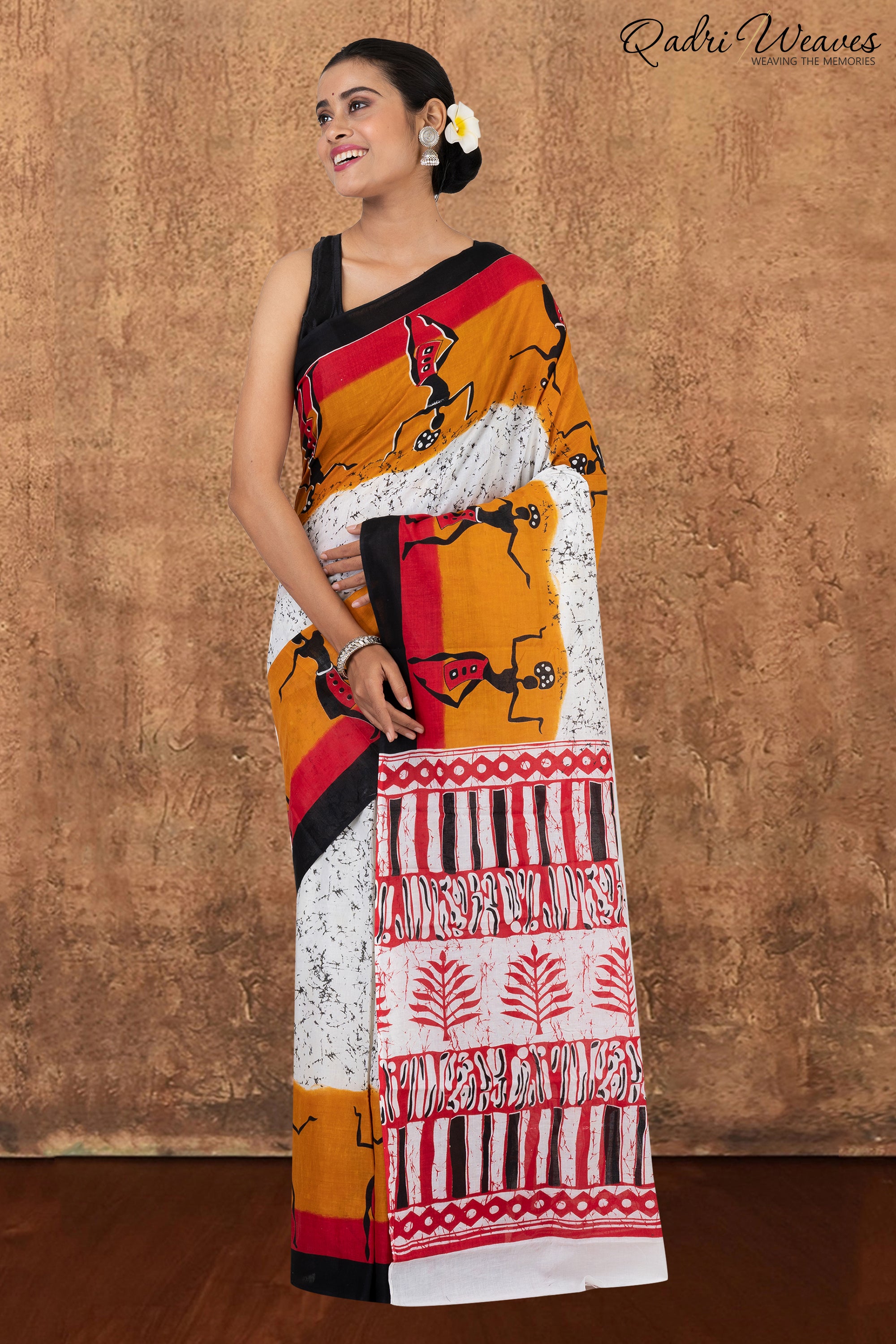 Printed White & Mustard Pure Mulmul Cotton Saree