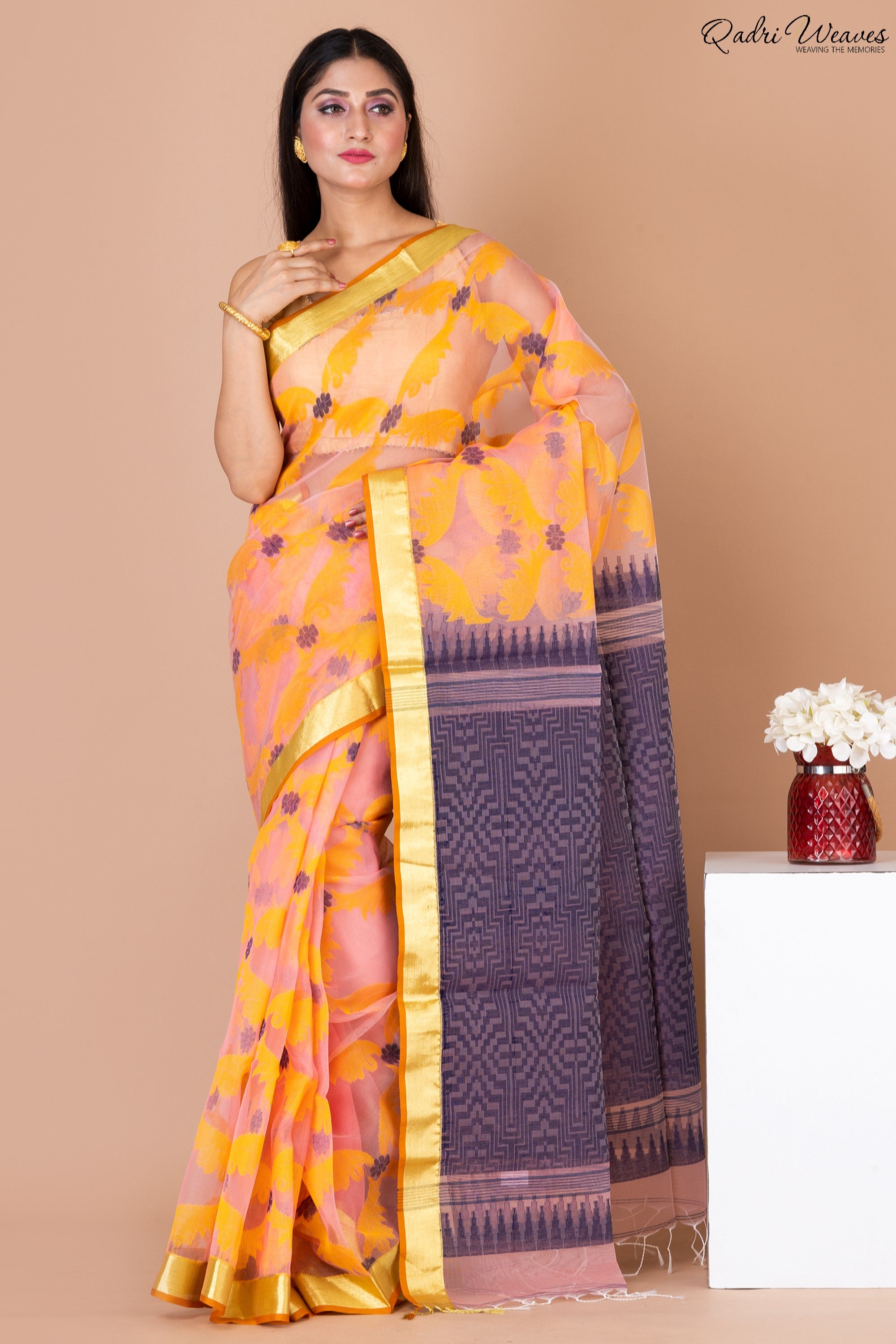 Handloom Yellow & Mulberry Kota Silk Saree