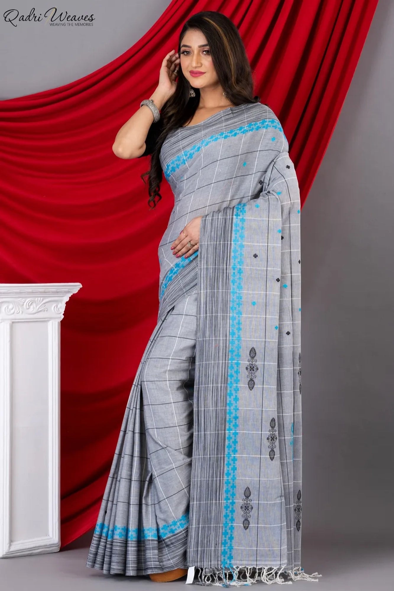 Handloom Silver Grey Mercerized Cotton (100/2 Count) Saree