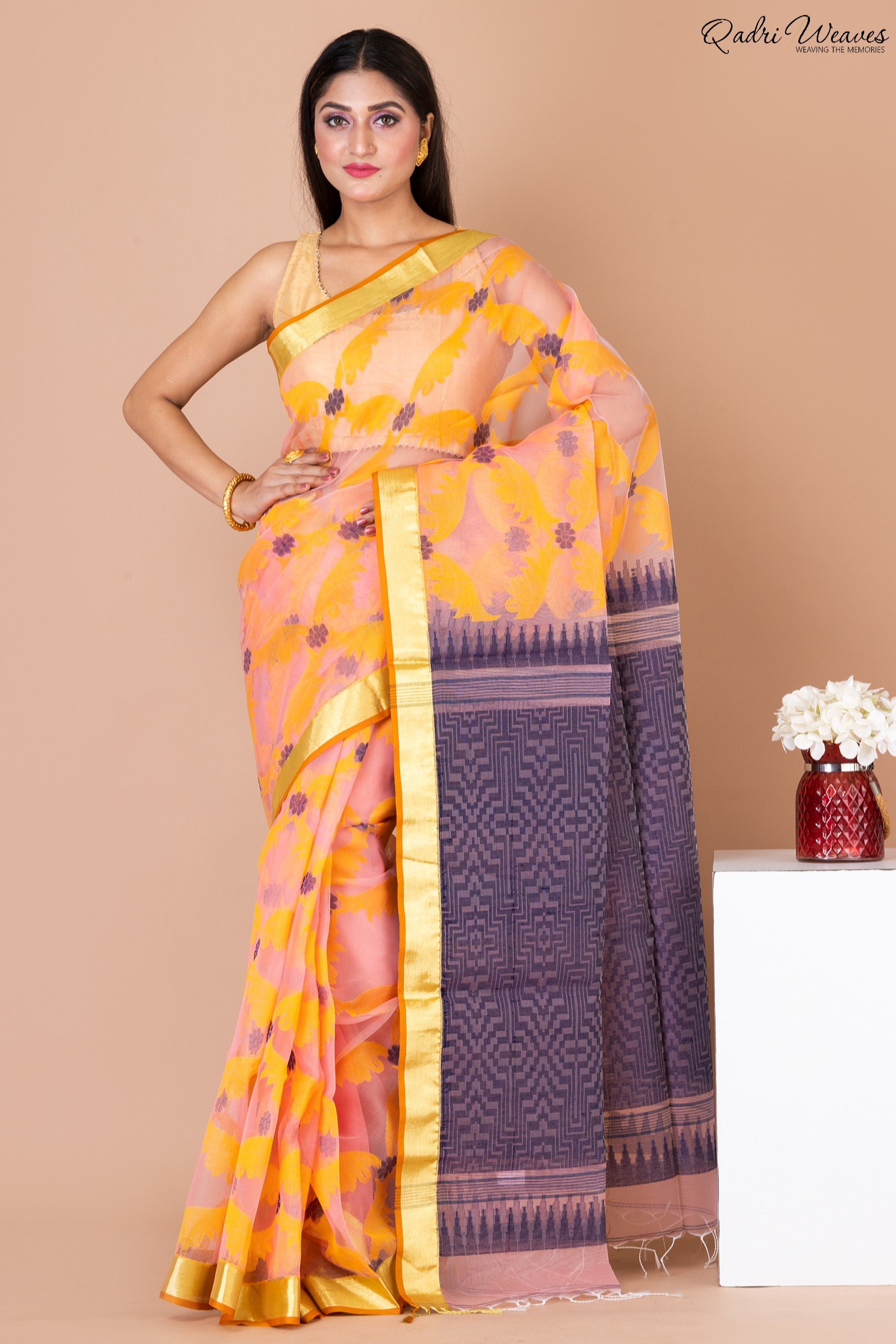 Handloom Yellow & Mulberry Kota Silk Saree