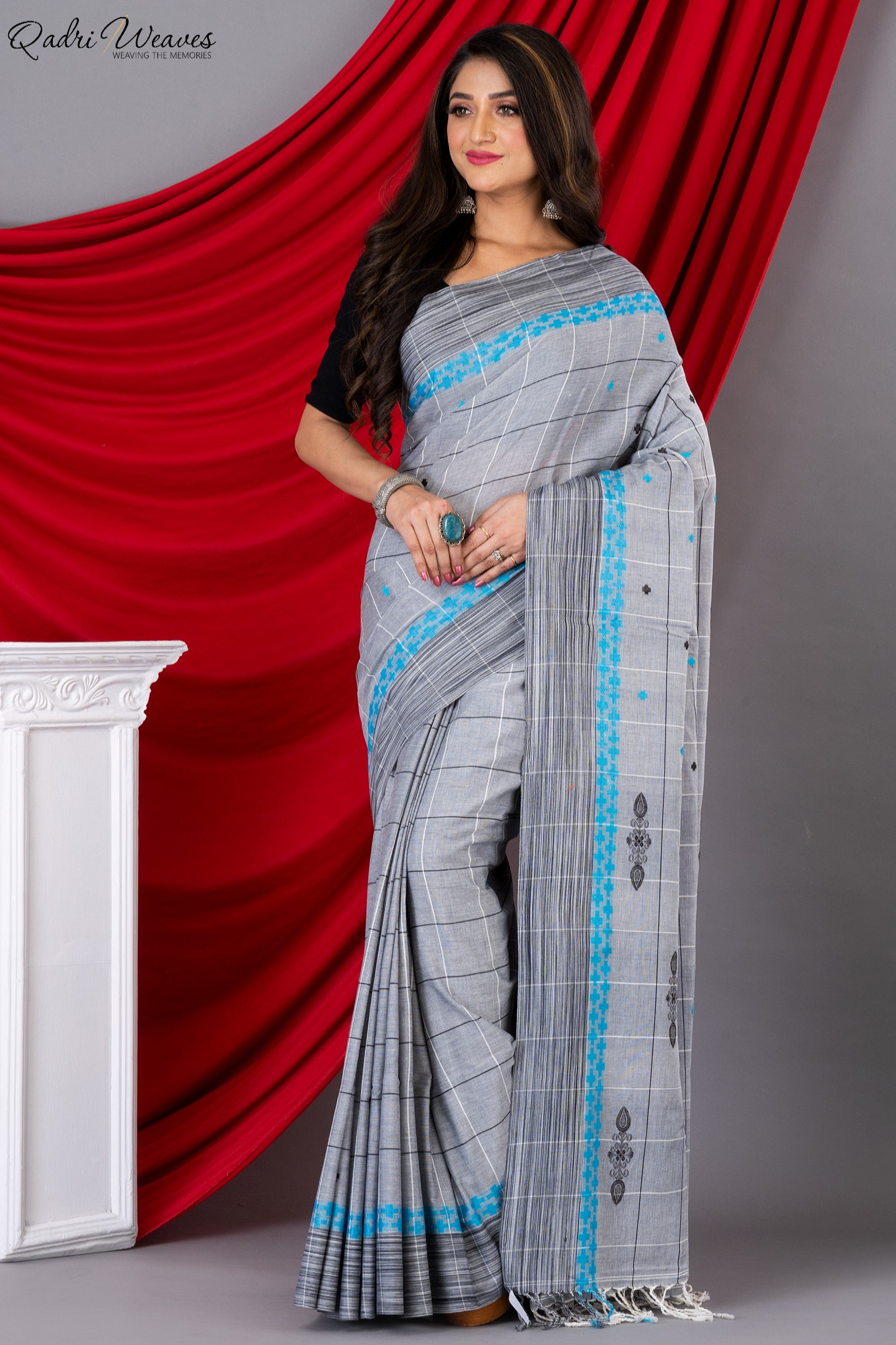 Handloom Silver Grey Mercerized Cotton (100/2 Count) Saree